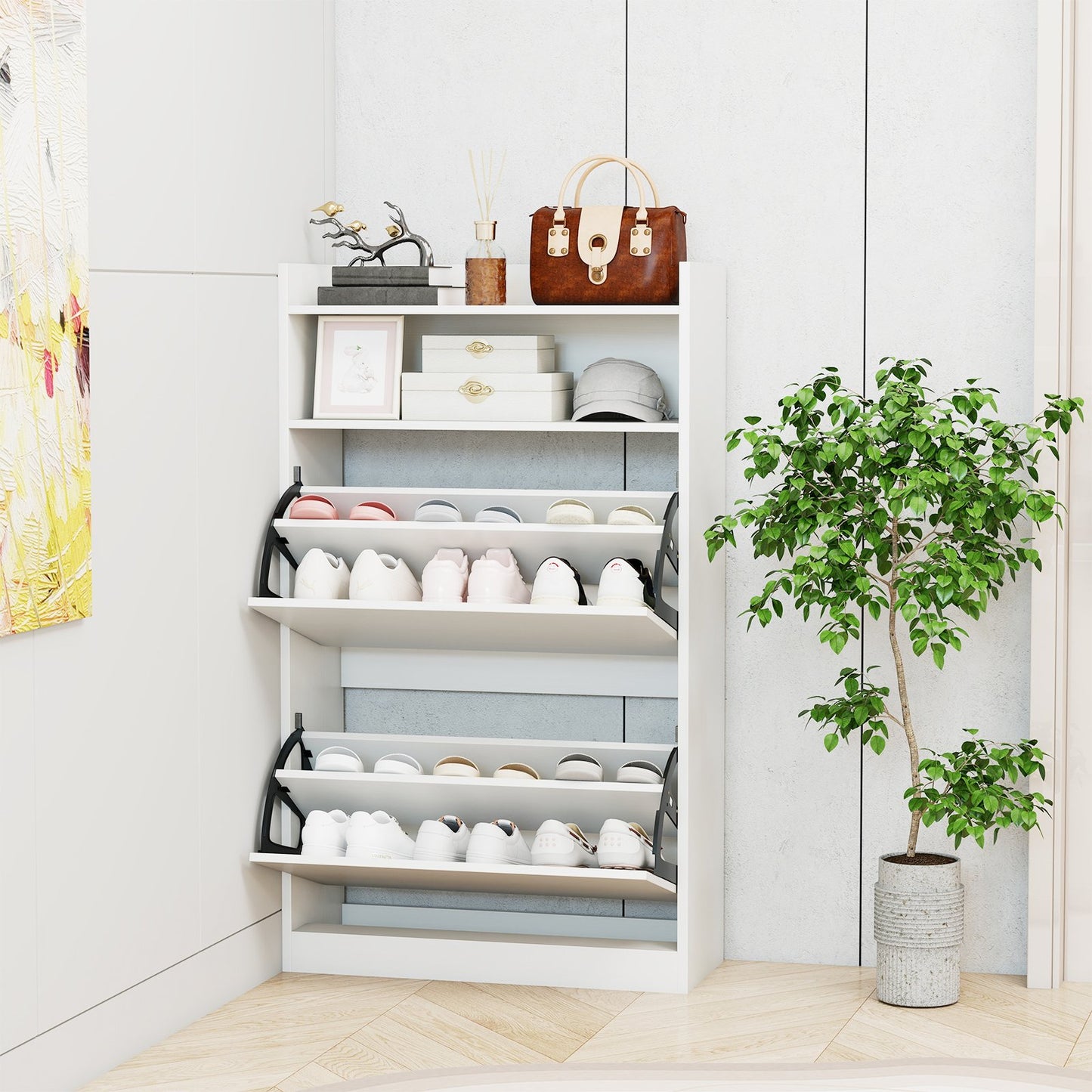 Shoe Storage Cabinet Hidden Shoe Rack with 2 Flip Drawers Adjustable and Removable Shelves-White