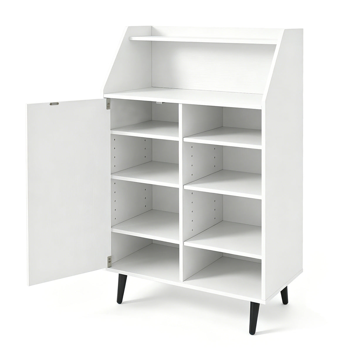 White shoe storage cabinet by Wilsons Home Store with 2-tier open compartment and 4-tier adjustable shelves for entryway organization.