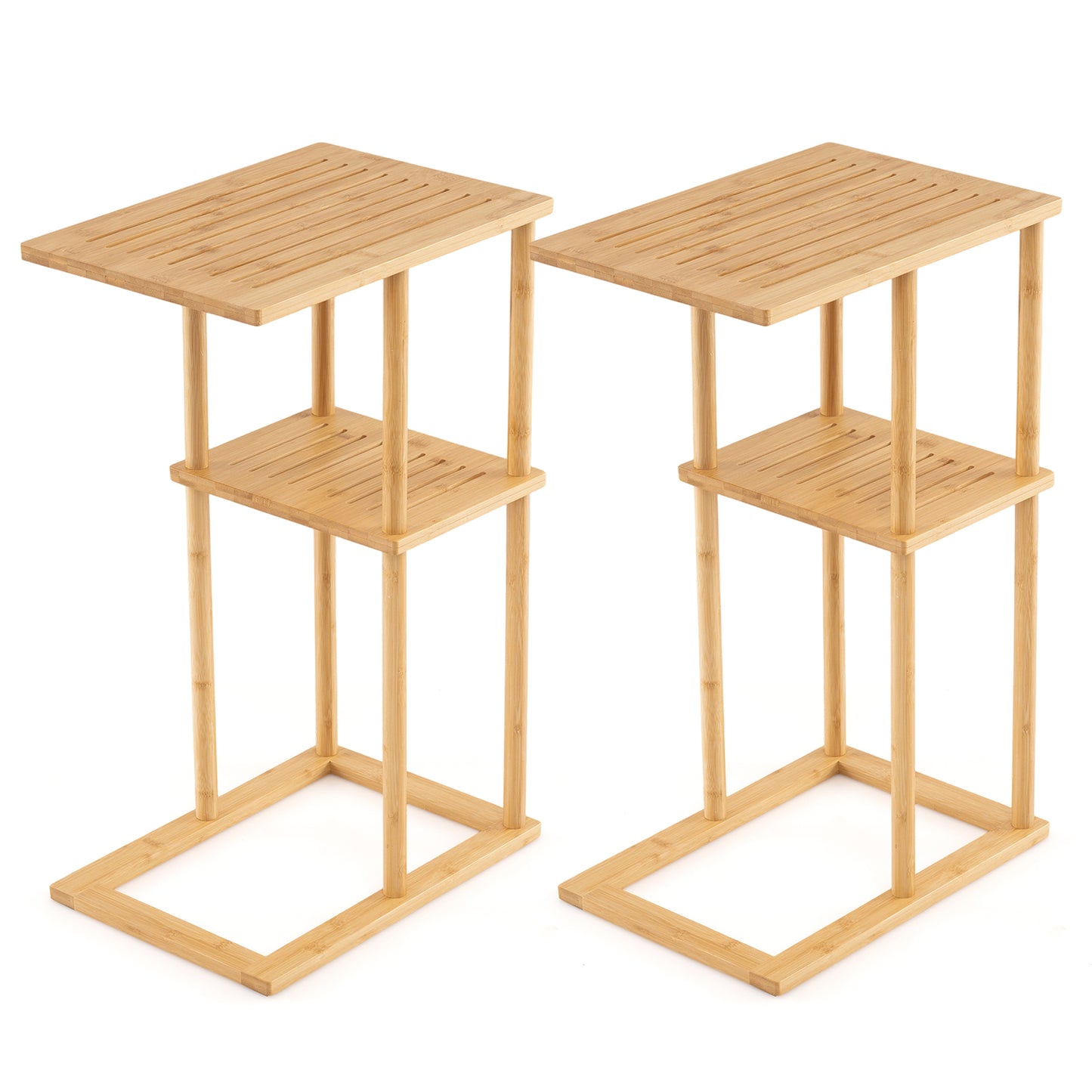 Side Table Set of 2 with Storage Shelves and Bamboo Construction-Natural
