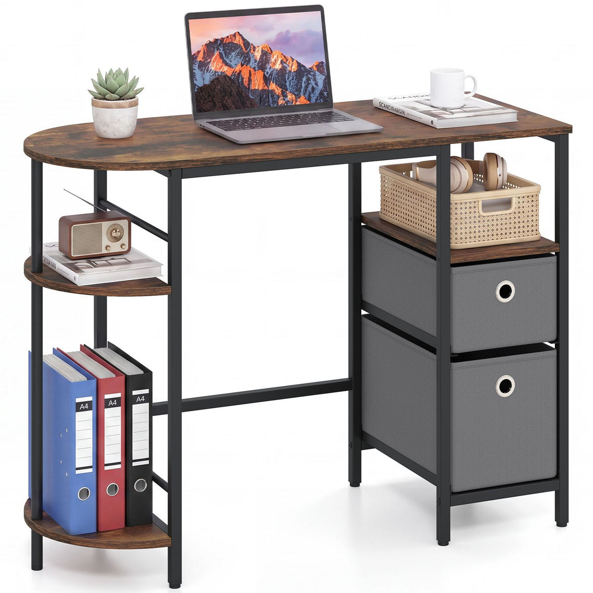 Small Computer Desk with Half-moon Side Shelves and Folding Fabric Drawers-Black