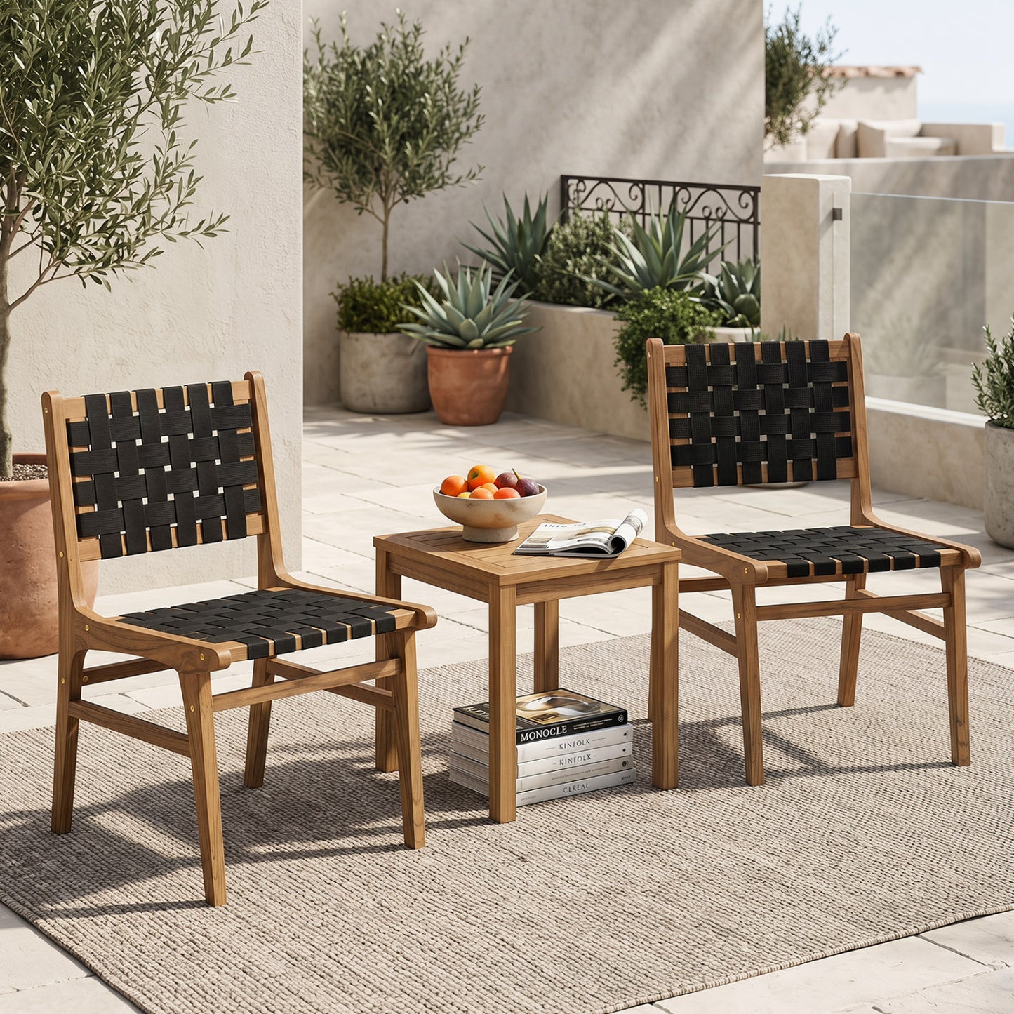 Solid teak hand-woven strap outdoor dining chair with flex support, ideal for deck and garden patio seating.