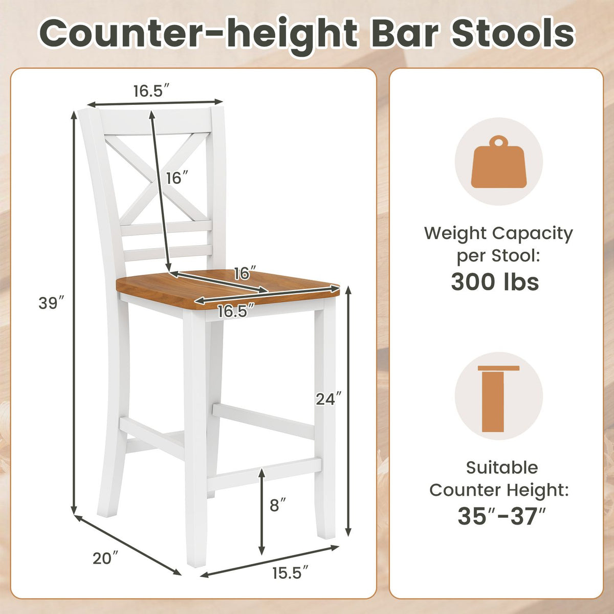 Set of 2 solid wood bar stools with rubber wood frame and cross backrest, suitable for kitchen or dining area.