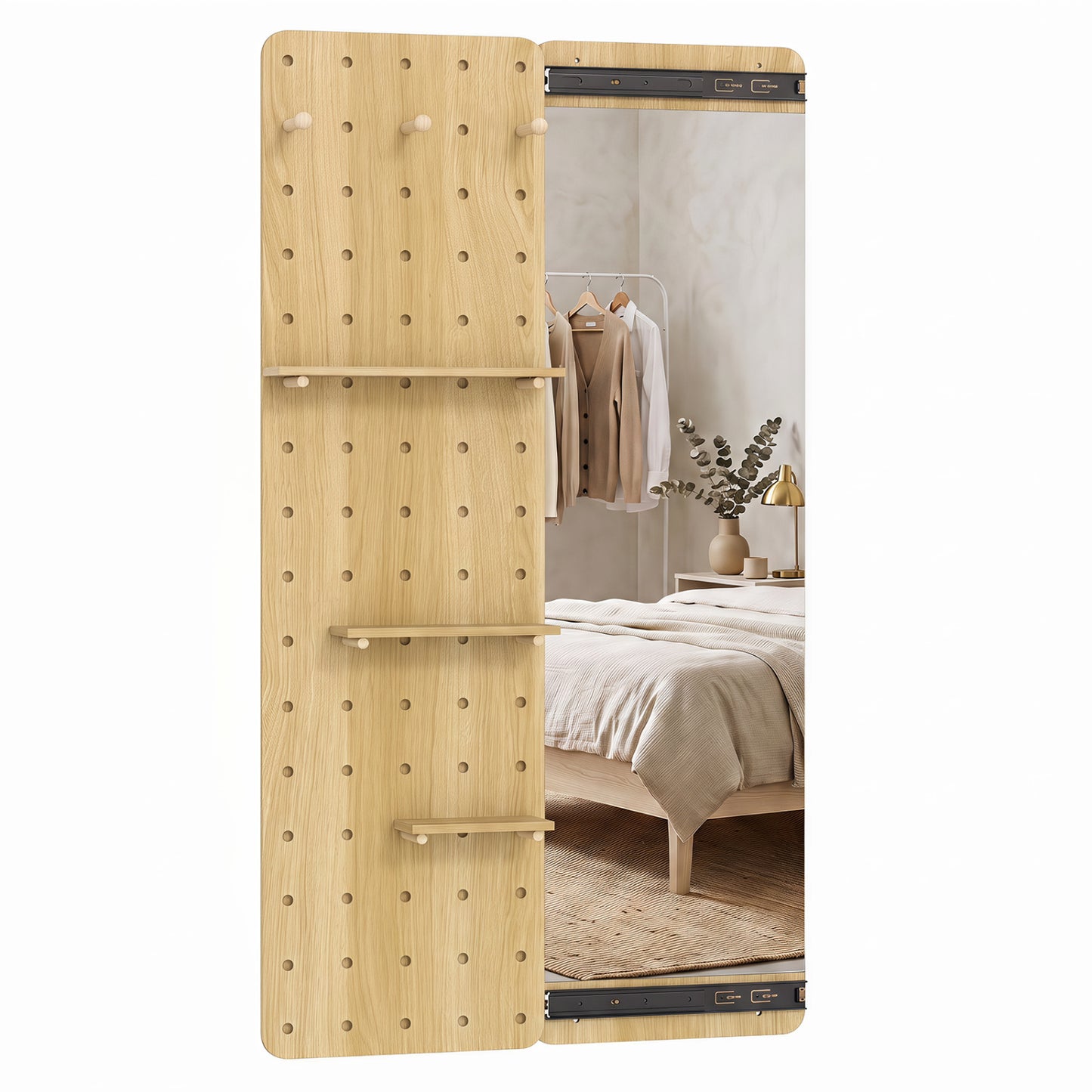 Solid Wood Full Length Mirror with Pegboard & Shelves and Hooks for Entryway-Brown