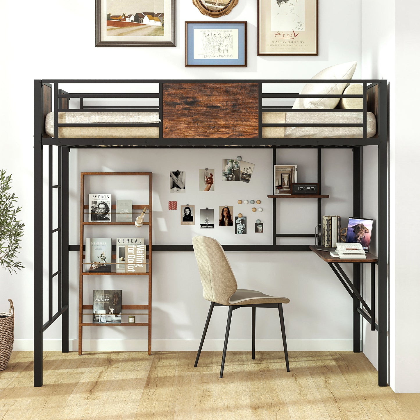 Space-Saving Twin Loft Bed with Safety Guardrail and Ladder-Coffee