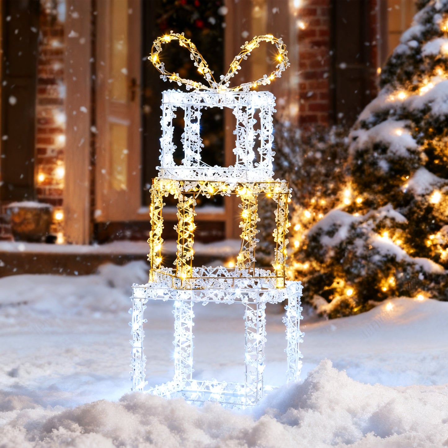 Stacked Lighted Gift Boxes Set of 3 Pre-Lit Christmas Present Box Lights