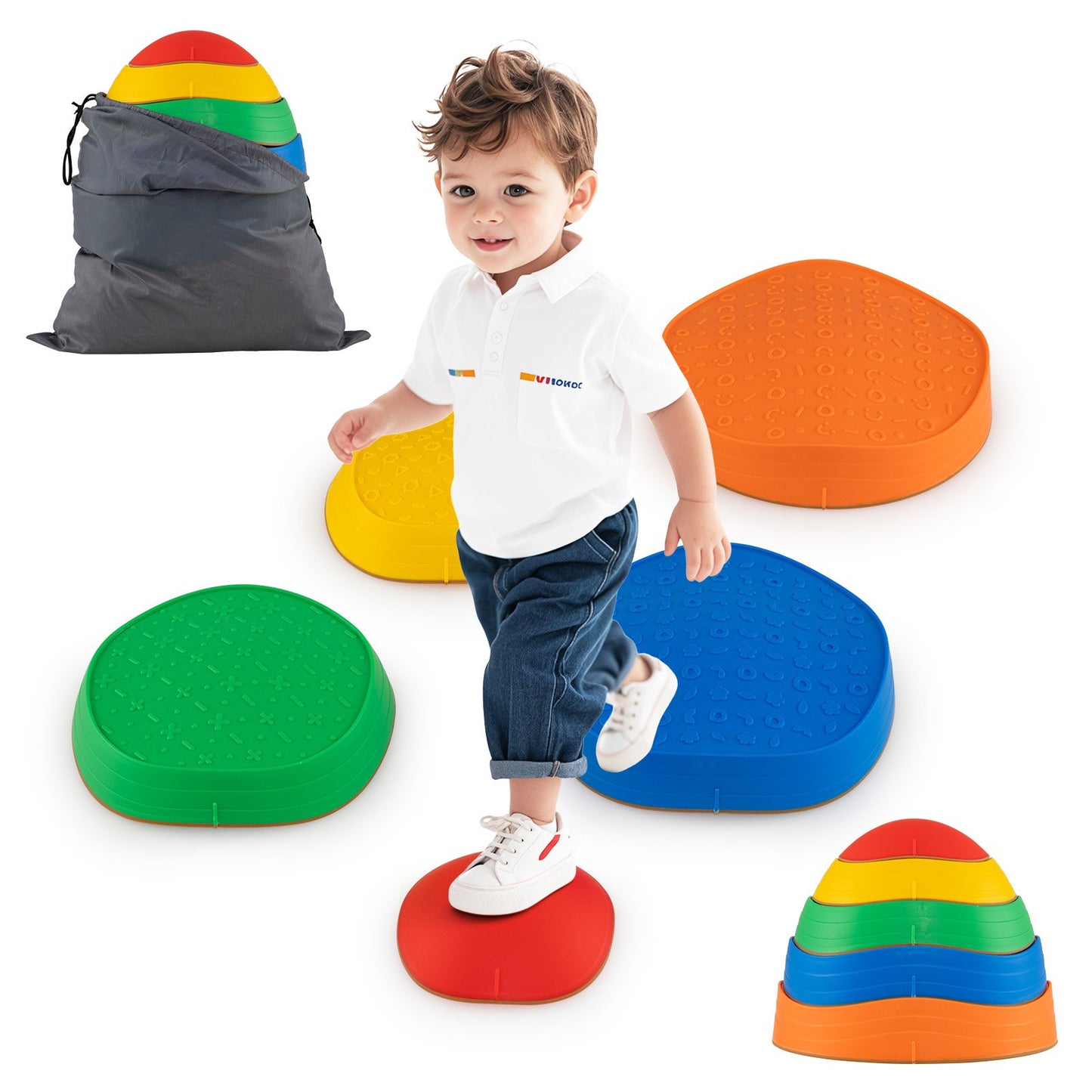 Stepping Stones for Kids 5 PCS Non-Slip Balance Stones with Storage Bag-Macaron