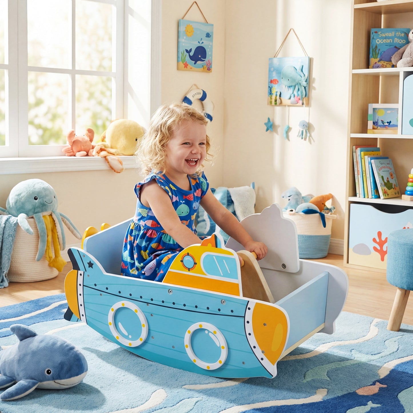 Wooden submarine climbing toy with rotating propeller and rocking design for indoor play, ideal for children’s active fun.
