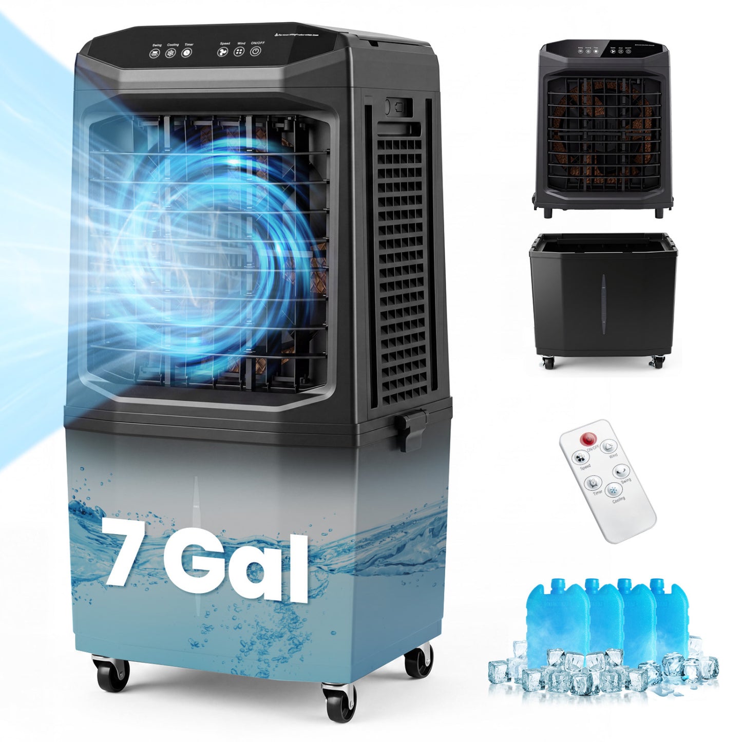 Swamp Cooler 1800 CFM Evaporative Air Cooler with 7 Gal Detachable Water Tank-Black