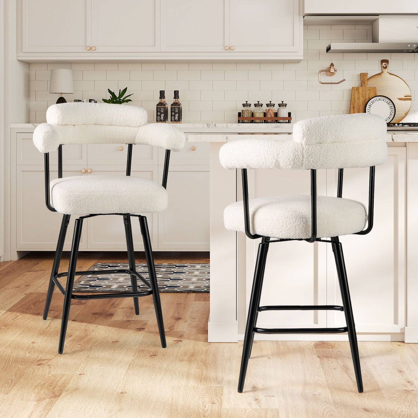 Swivel Bar Stool Set of 2 Counter Height Chairs with Curved Back and Arms-Grey