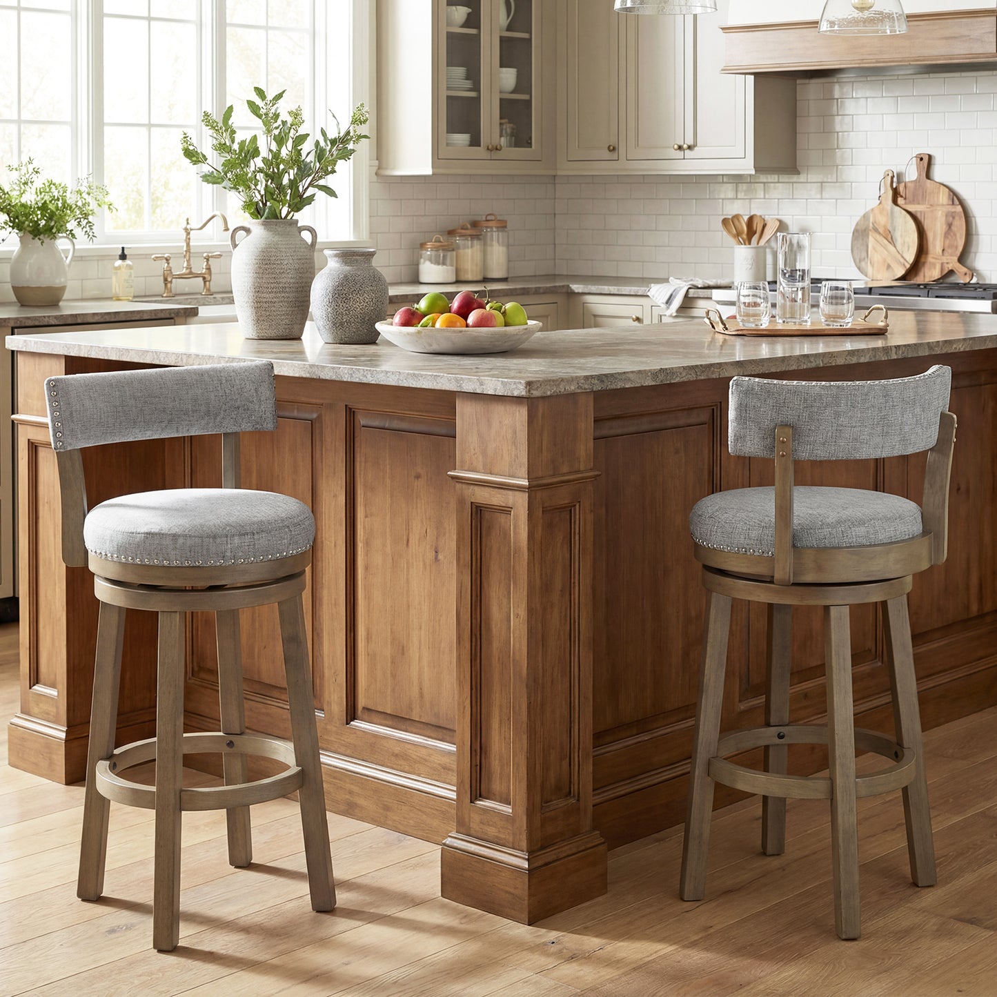 Swivel Bar Stools Set of 2 Linen Fabric Upholstered Barstools with Back-31.5 Inches