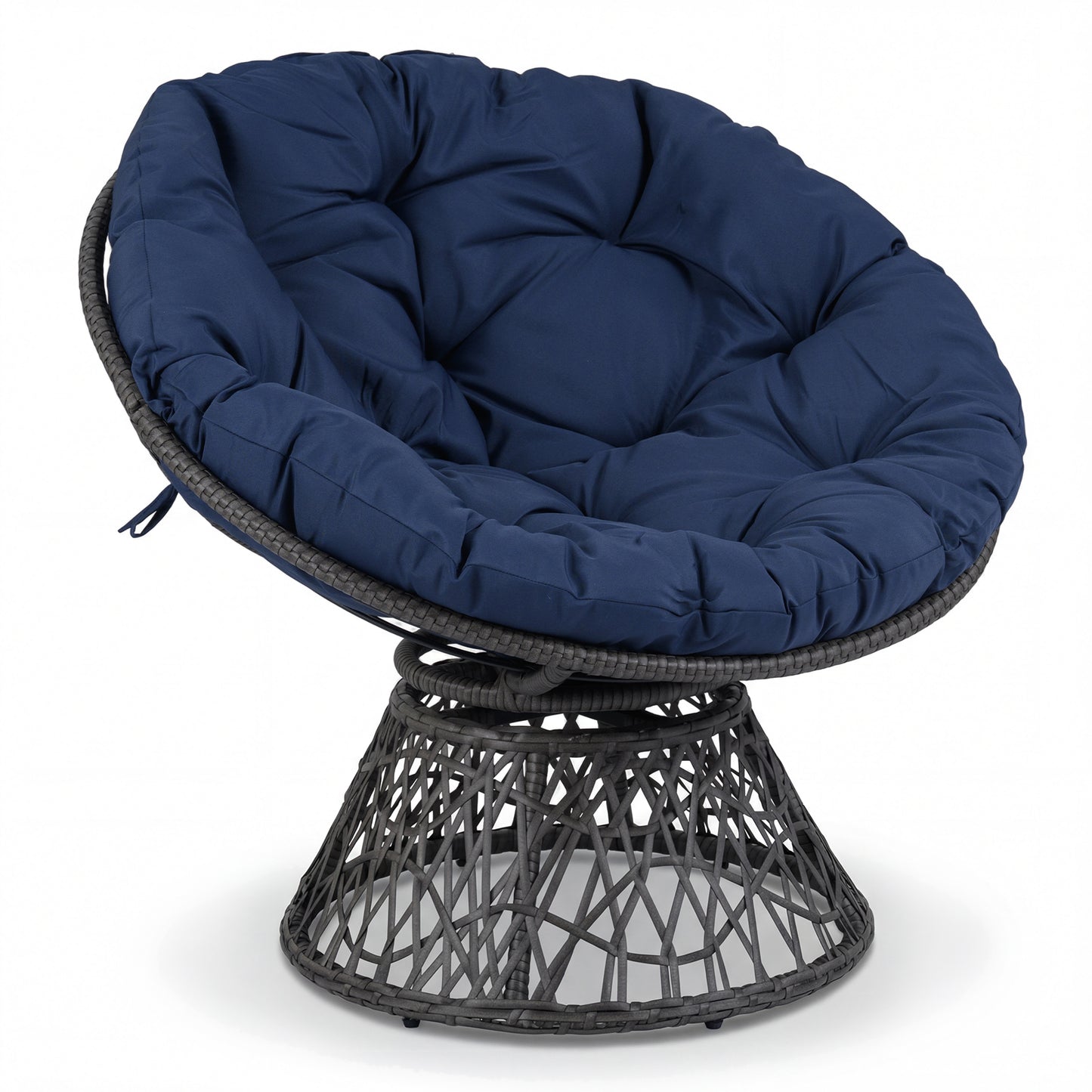 Swivel Papasan Chair Round Wicker Lounge Chair with Thick Cushion-Grey