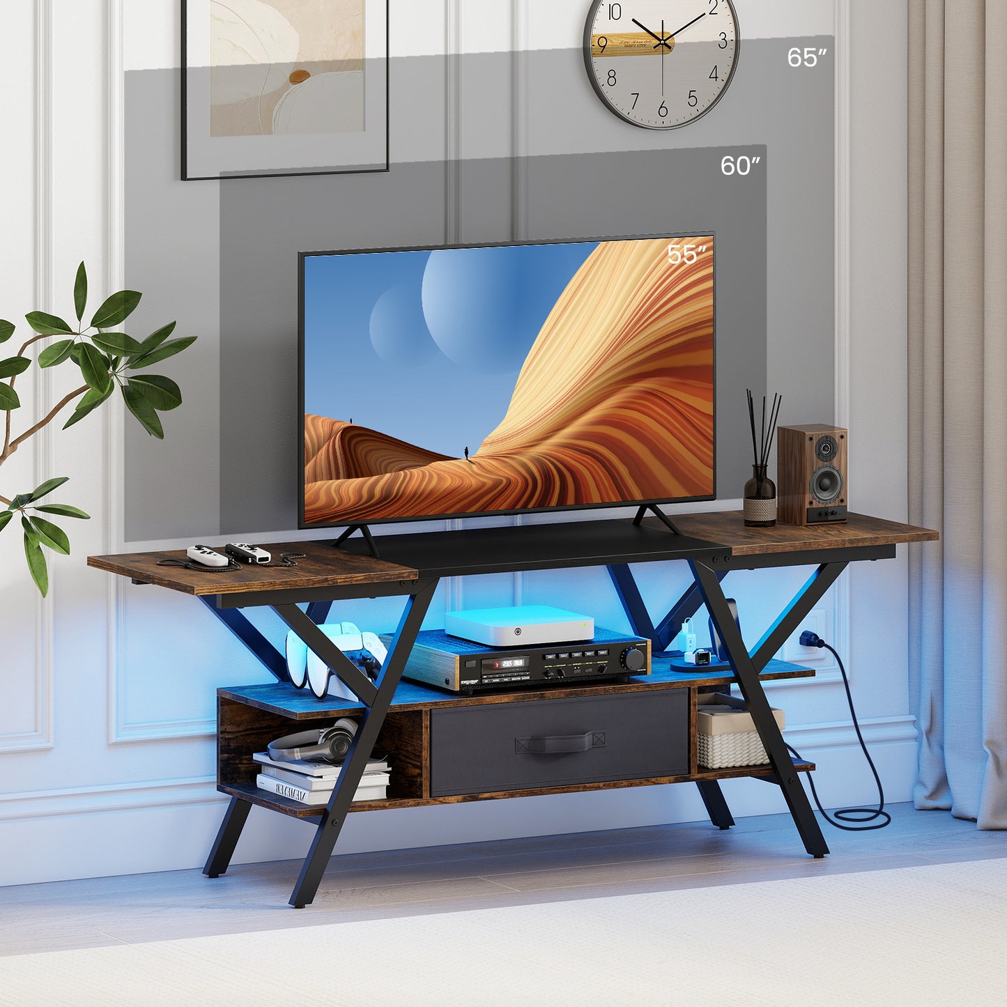 TV Stand for 65 Inch TVs with Power Outlets and LED Lights-Black