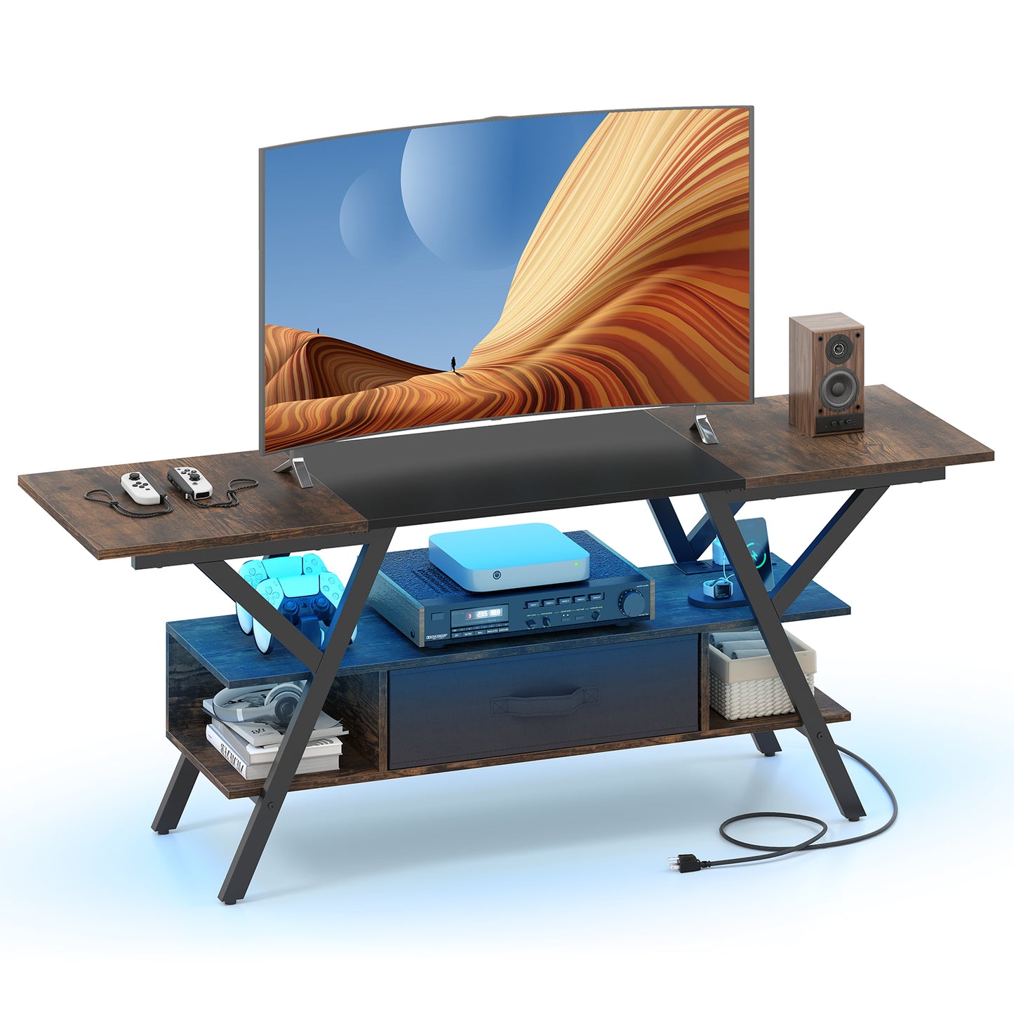 TV Stand for 65 Inch TVs with Power Outlets and LED Lights-Black