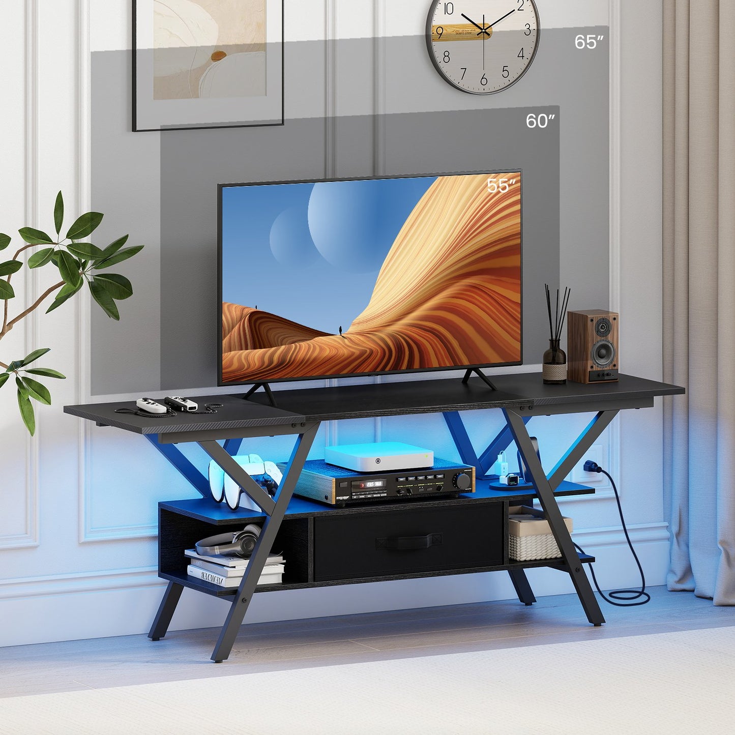TV Stand for 65 Inch TVs with Power Outlets and LED Lights-Black
