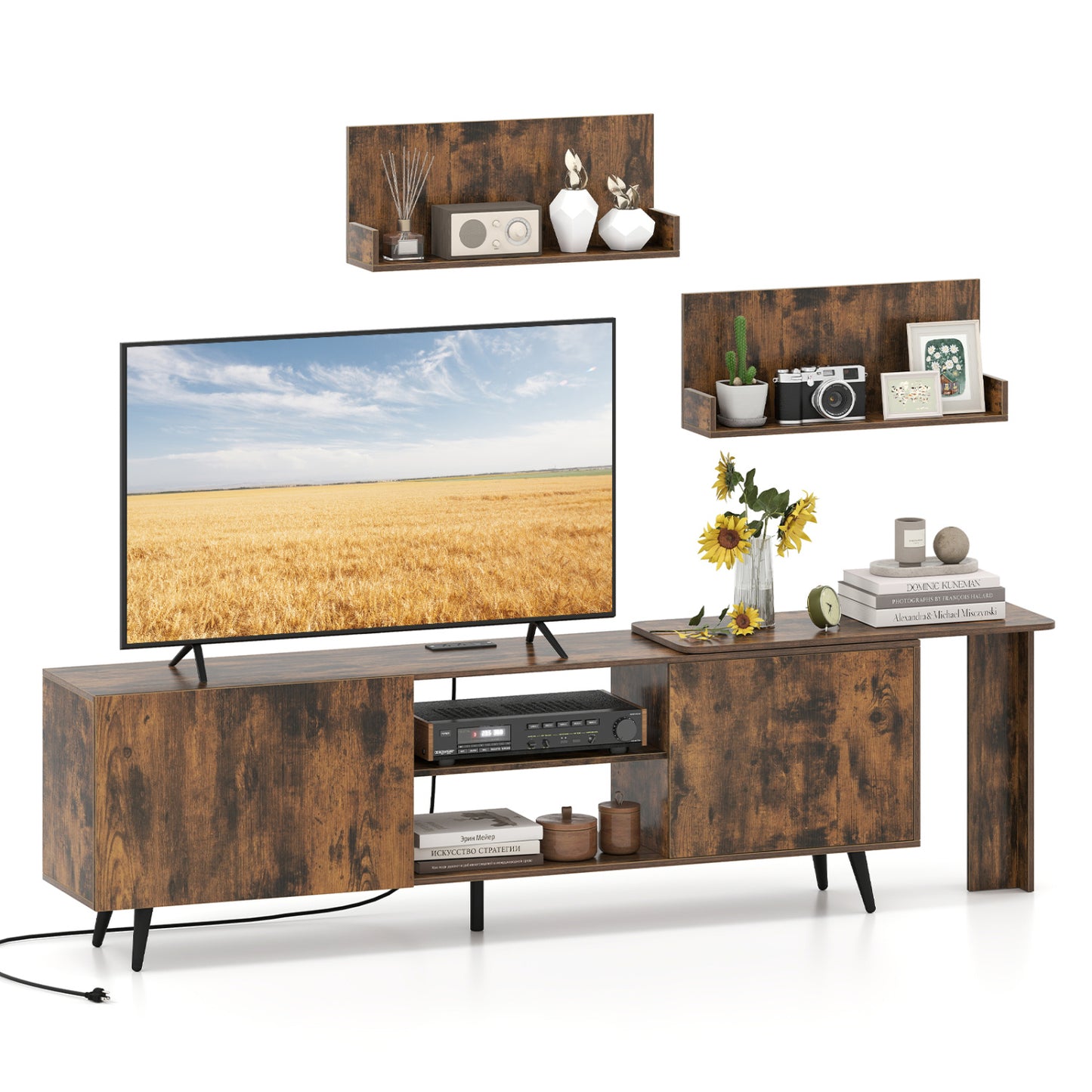 Brown TV stand for up to 85-inch TVs with two wall shelves and charging station, stylish entertainment center for living room.