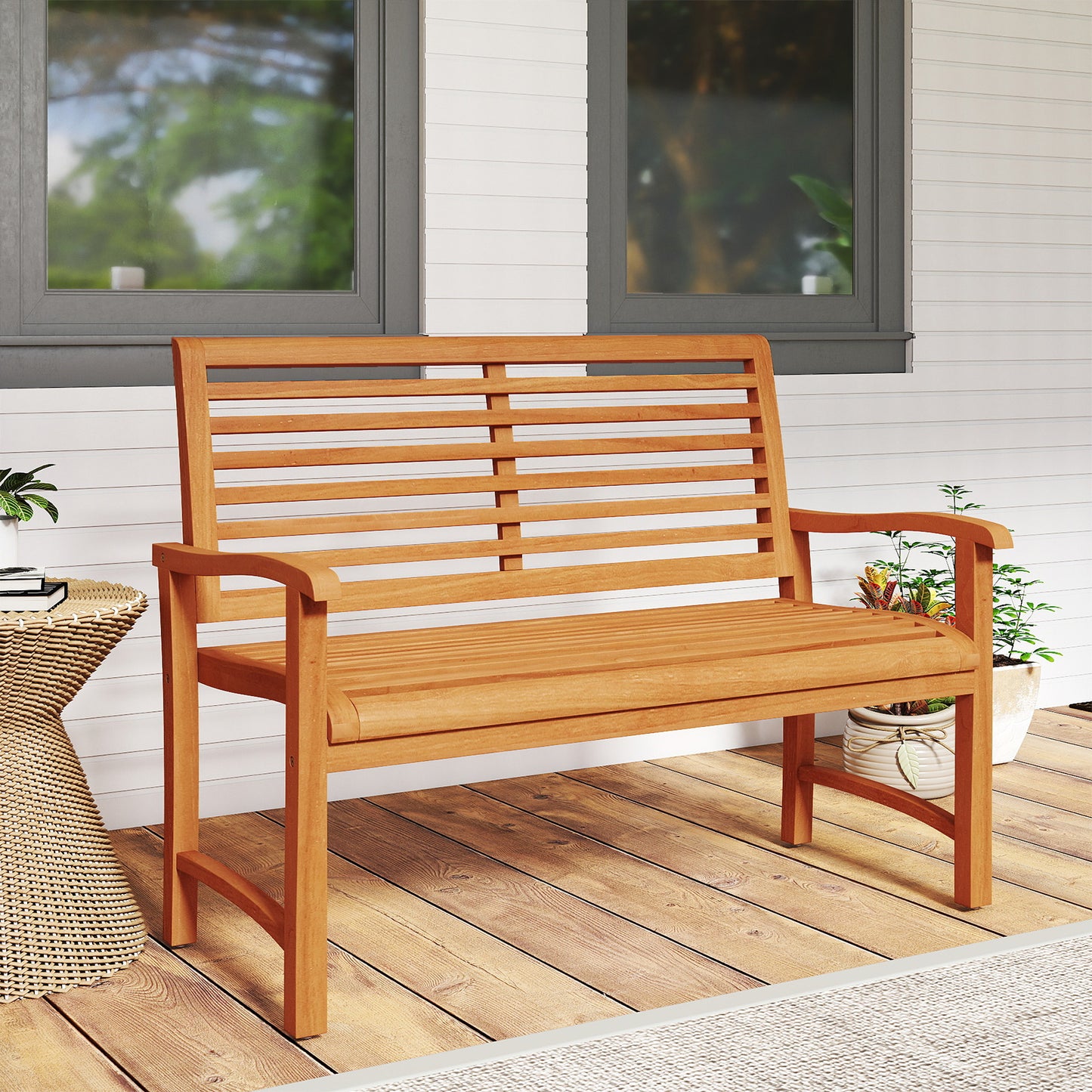 Teak Wood Outdoor Garden Bench with Slatted Backrest and Seat