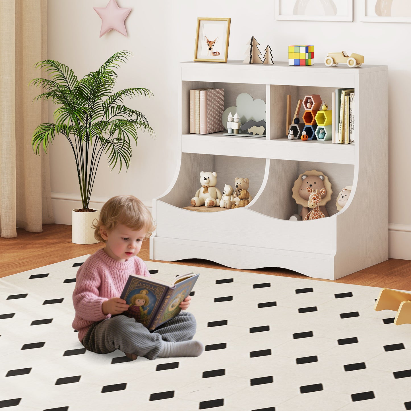 Toy Storage Organizer 4-Cubby Kids Bookcase for Toys and Books-Gray