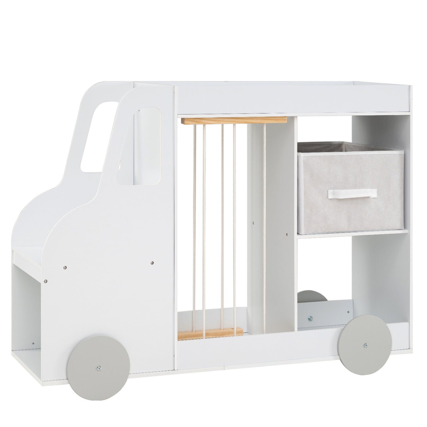 Toy storage organizer with fabric drawers, stuffed animal compartments, and universal wheels for kids' room organization.
