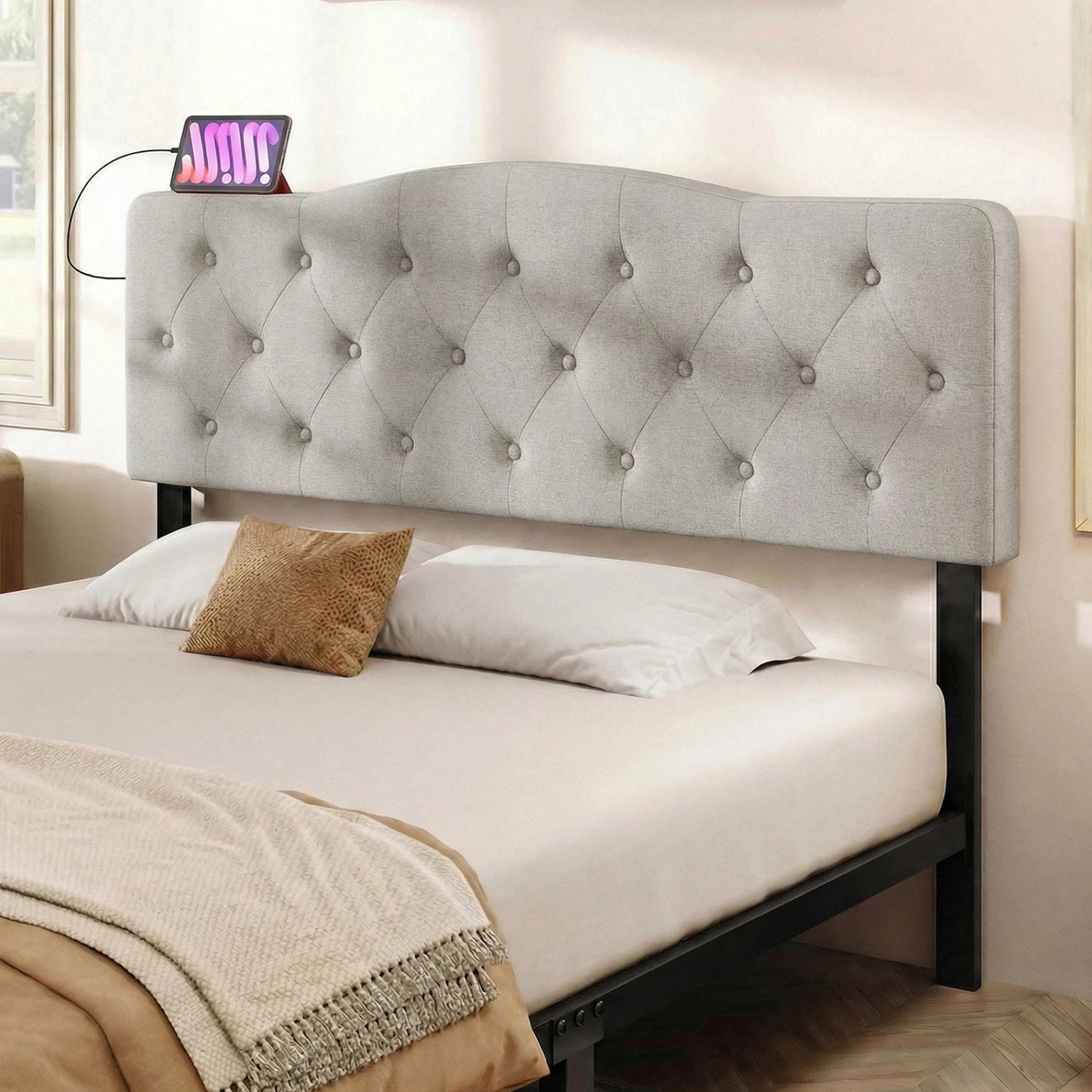 Tufted Upholstered Head Board for Queen and Full Size Bed with 2 AC Outlets-Beige