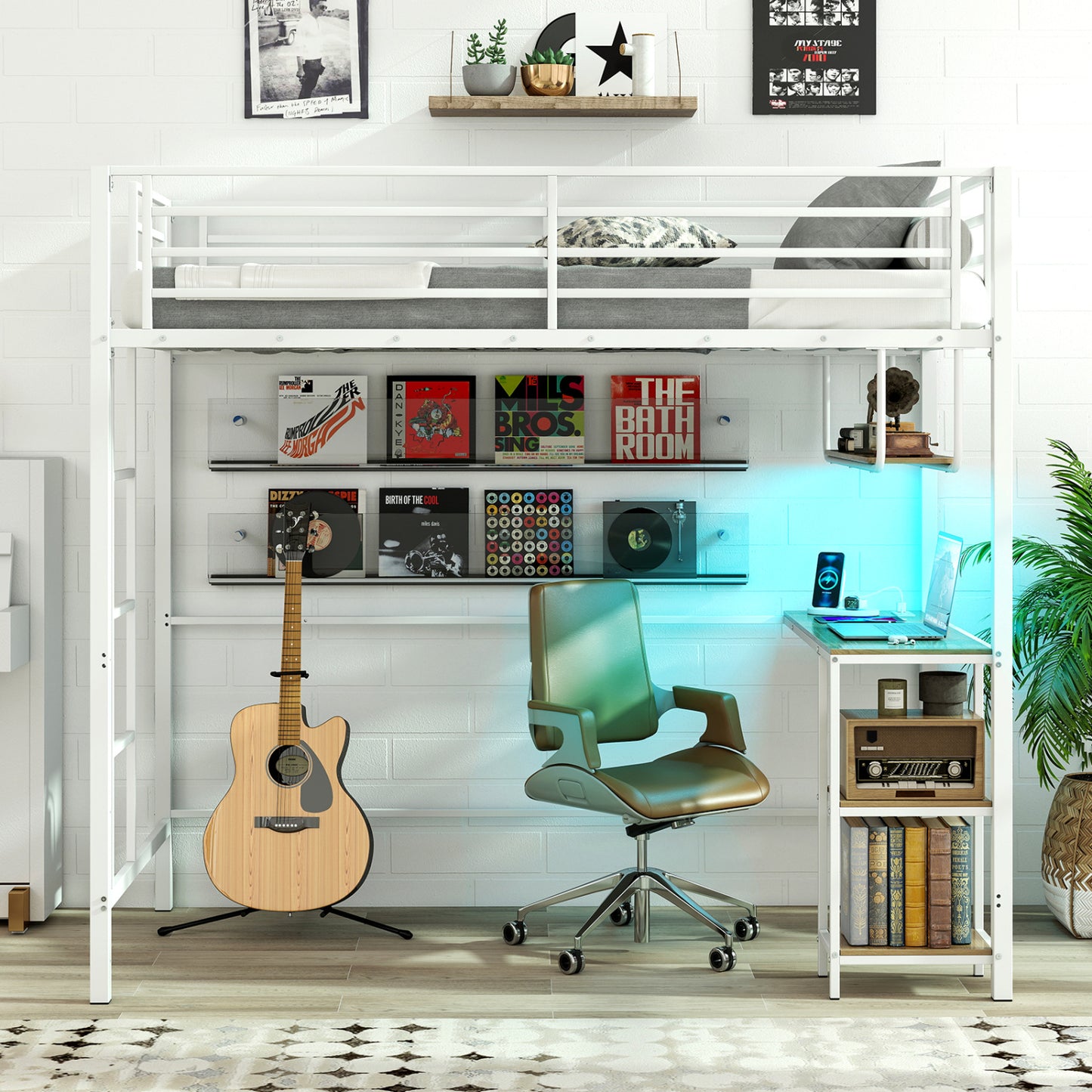Black twin loft bed with built-in desk, LED lights, charging station, heavy-duty metal frame, and guardrail for safety.