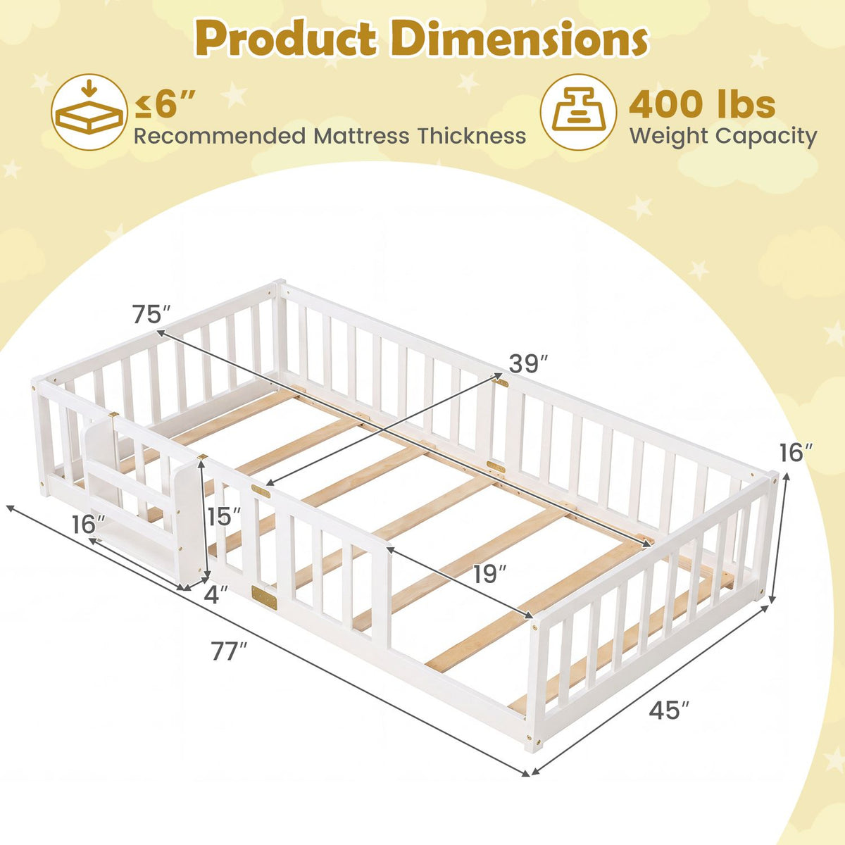 Twin Montessori Floor Bed with Bookshelf Door Plywood Crossbars Safety Guardrails-Natural