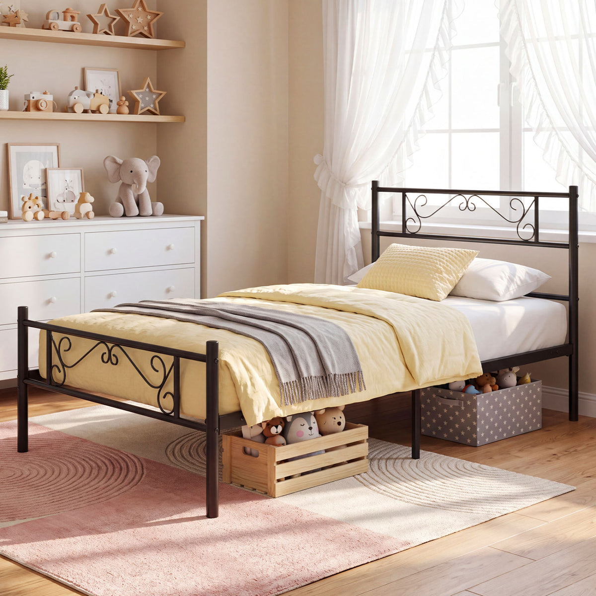 Twin Size Black Metal Bed Frame with Headboard and Footboard for Bedroom-Twin