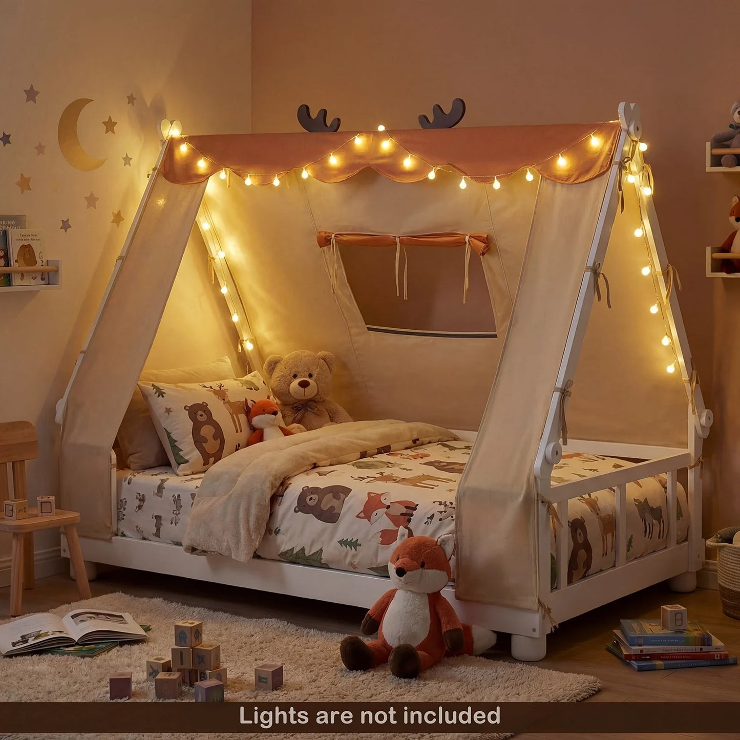 Twin Size House Floor Wood Bed with Tent-Natural