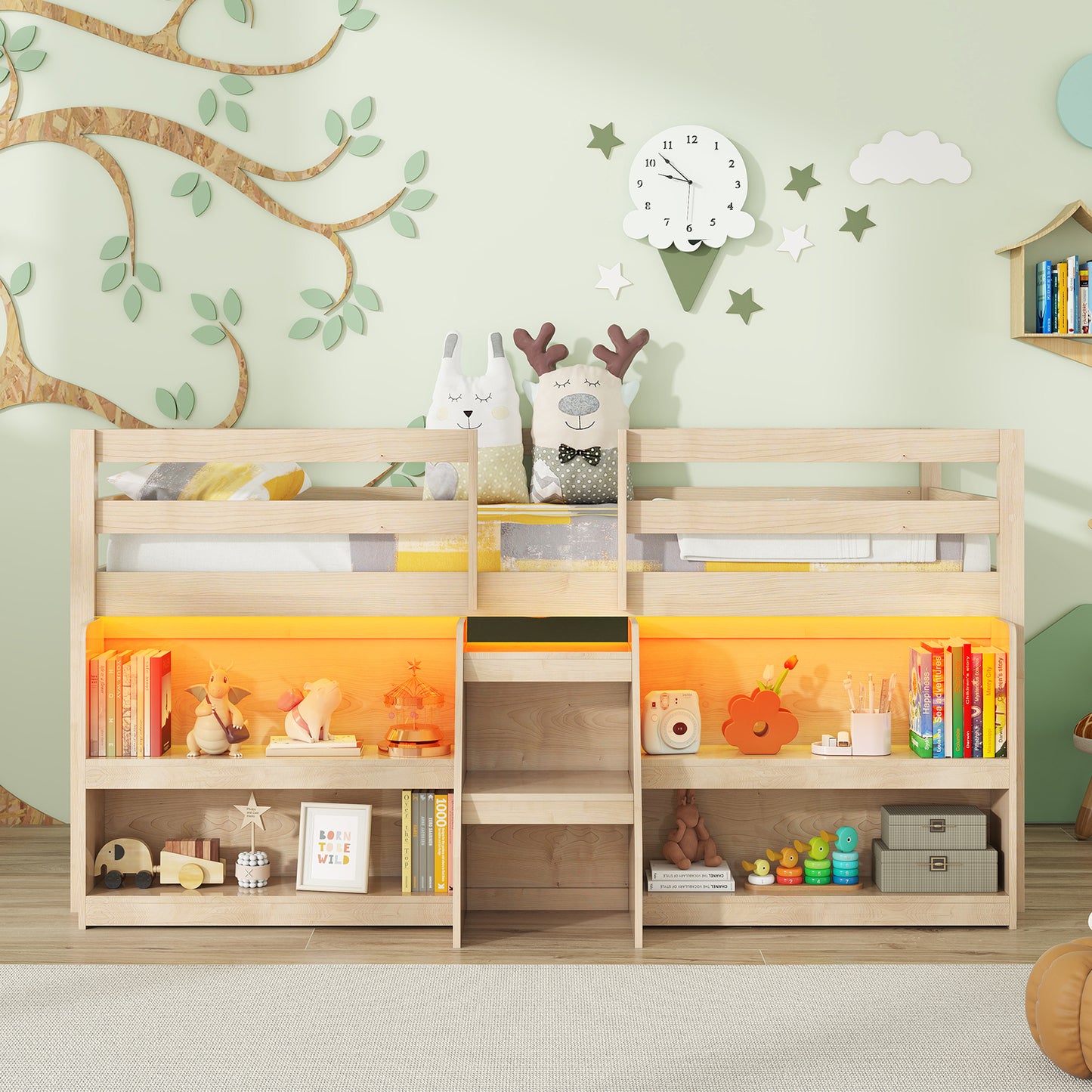 Twin size loft bed with LED lights, staircase, and safety guardrail in natural finish, designed for kids' bedroom furniture.