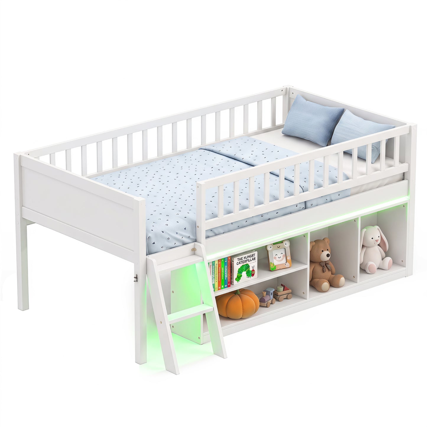 Twin Size Loft Bed with Adjustable LED Lights & Bookshelves and Guardrails for Kids-Gray