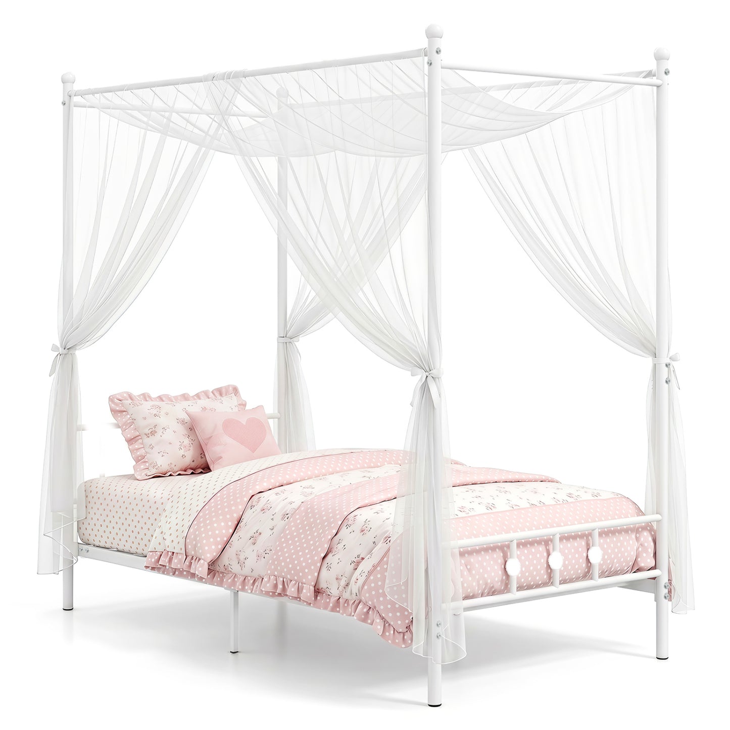 Twin Size Metal Canopy Bed Frame with Headboard and Footboard-White