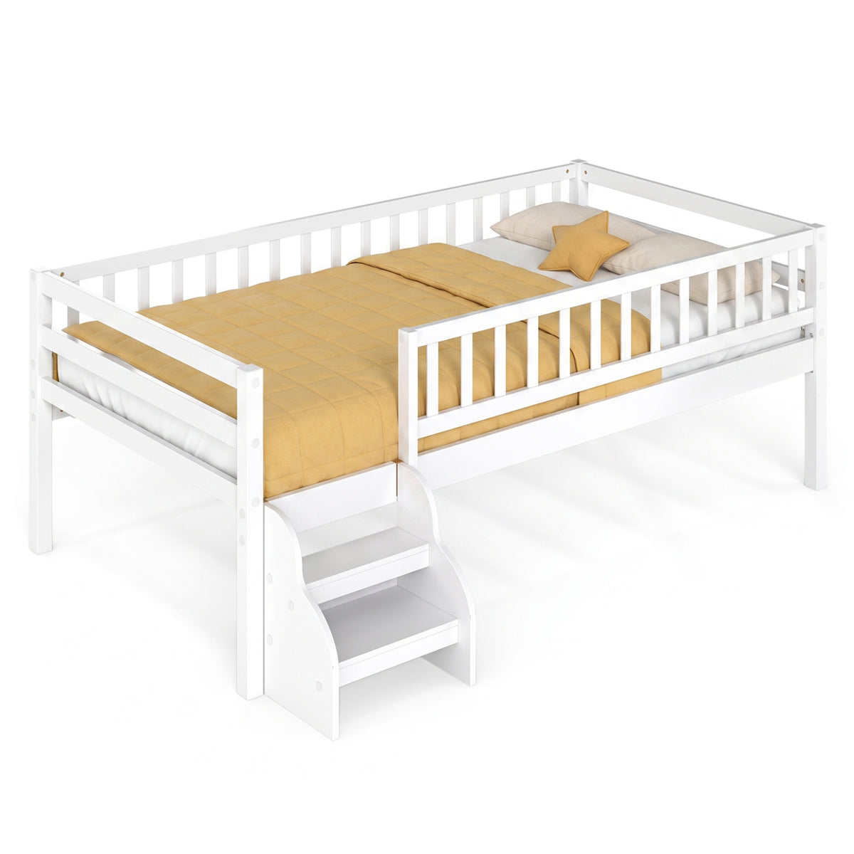 Twin Size Montessori Bed with Stairs and Guardrails-Gray