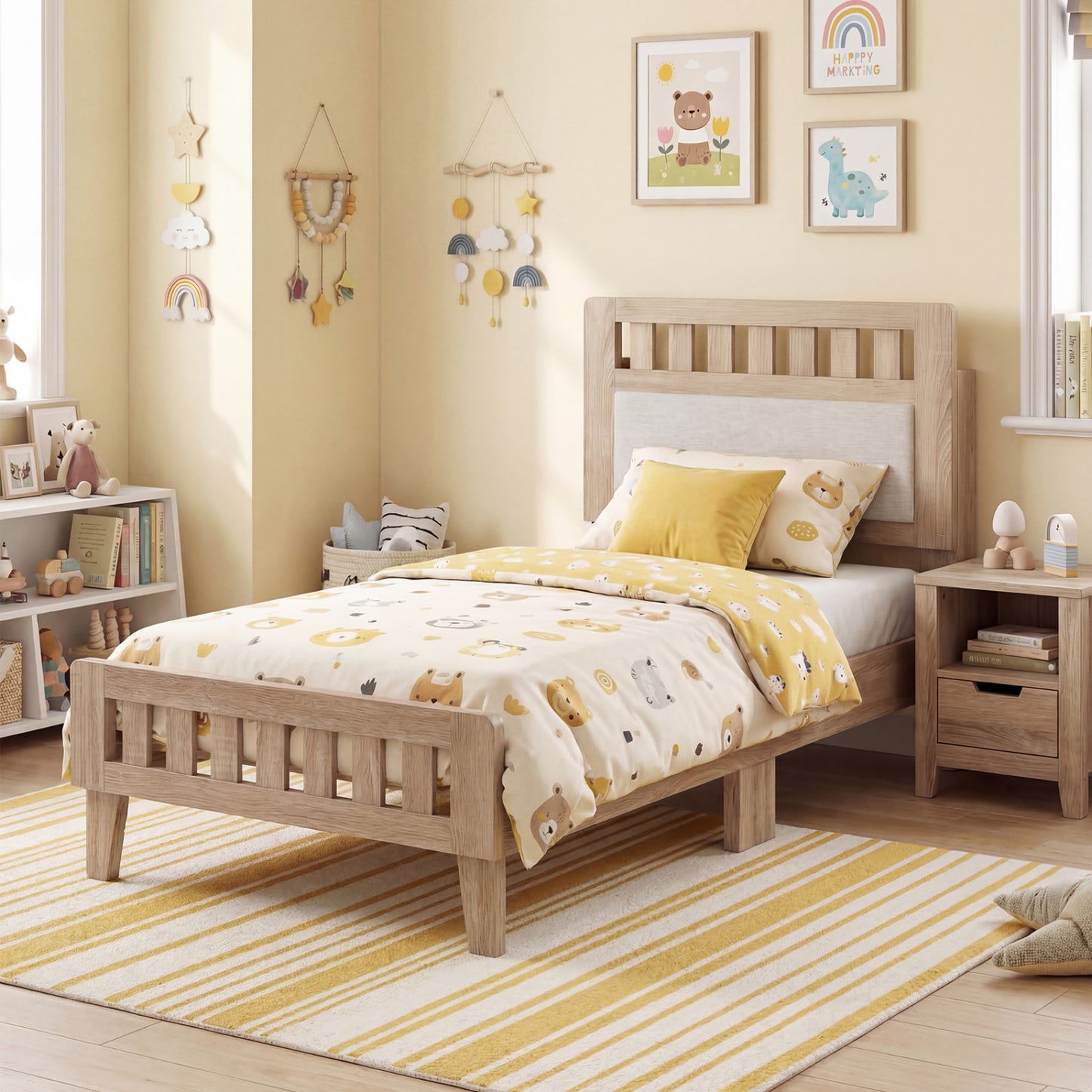 Twin Size Wood Bed Frame with Upholstered Headboard Mid Century Style