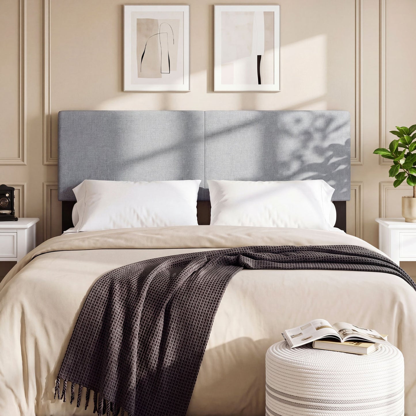 Beige upholstered queen/full size headboard with vertical quilting and linen fabric for a modern bed frame.