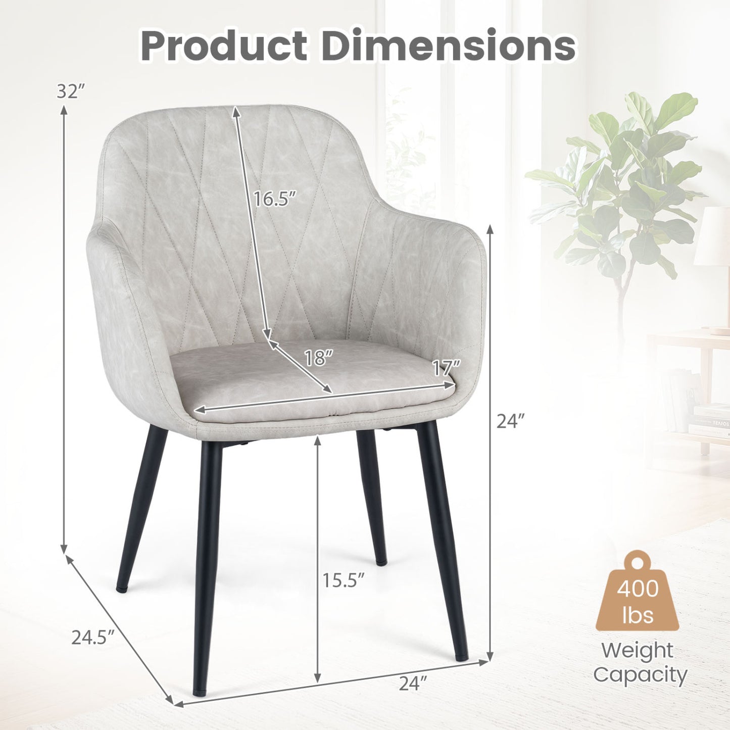 Upholstered PU Leather Kitchen Chairs Set of 2 with Curved Back and Wide Seat-Gray