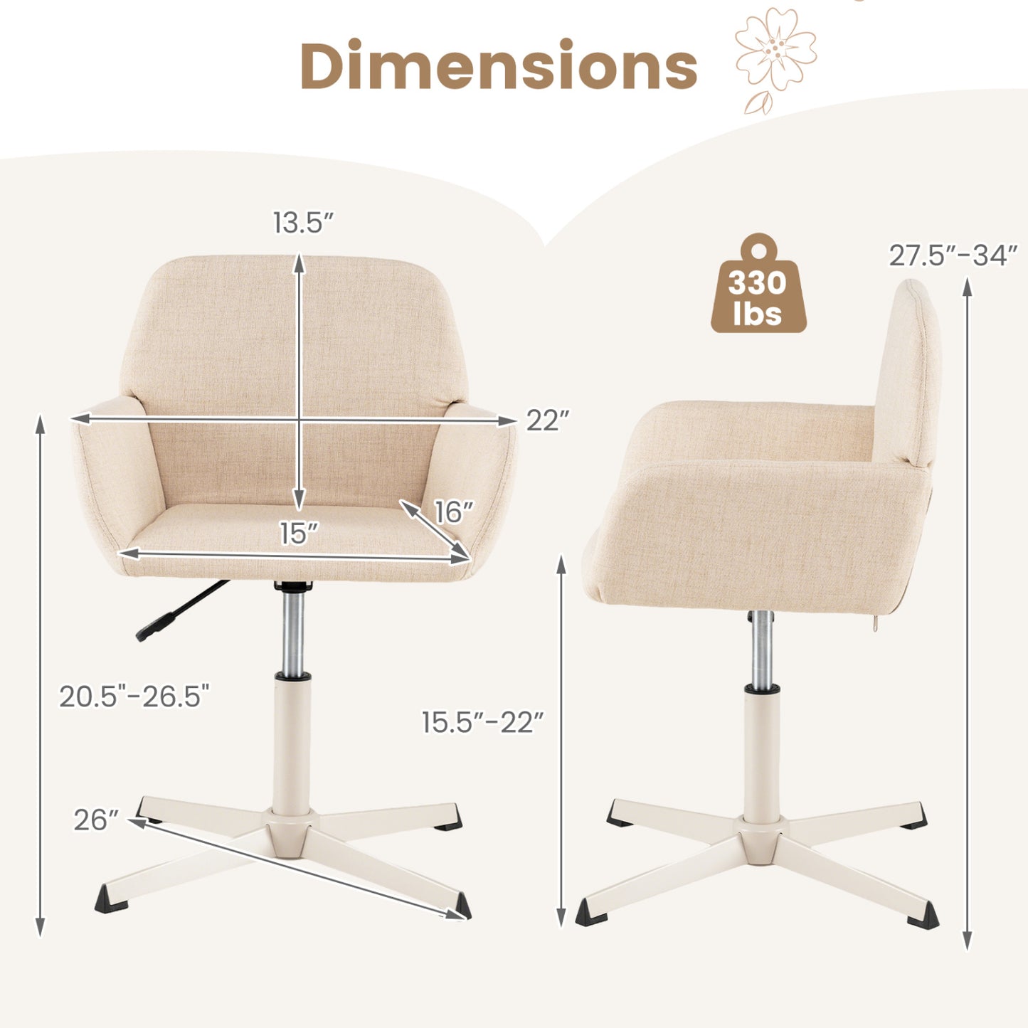 Vanity Chair with Back 360° Swivel Armchair w/ Adjustable Height for Home Office-Beige