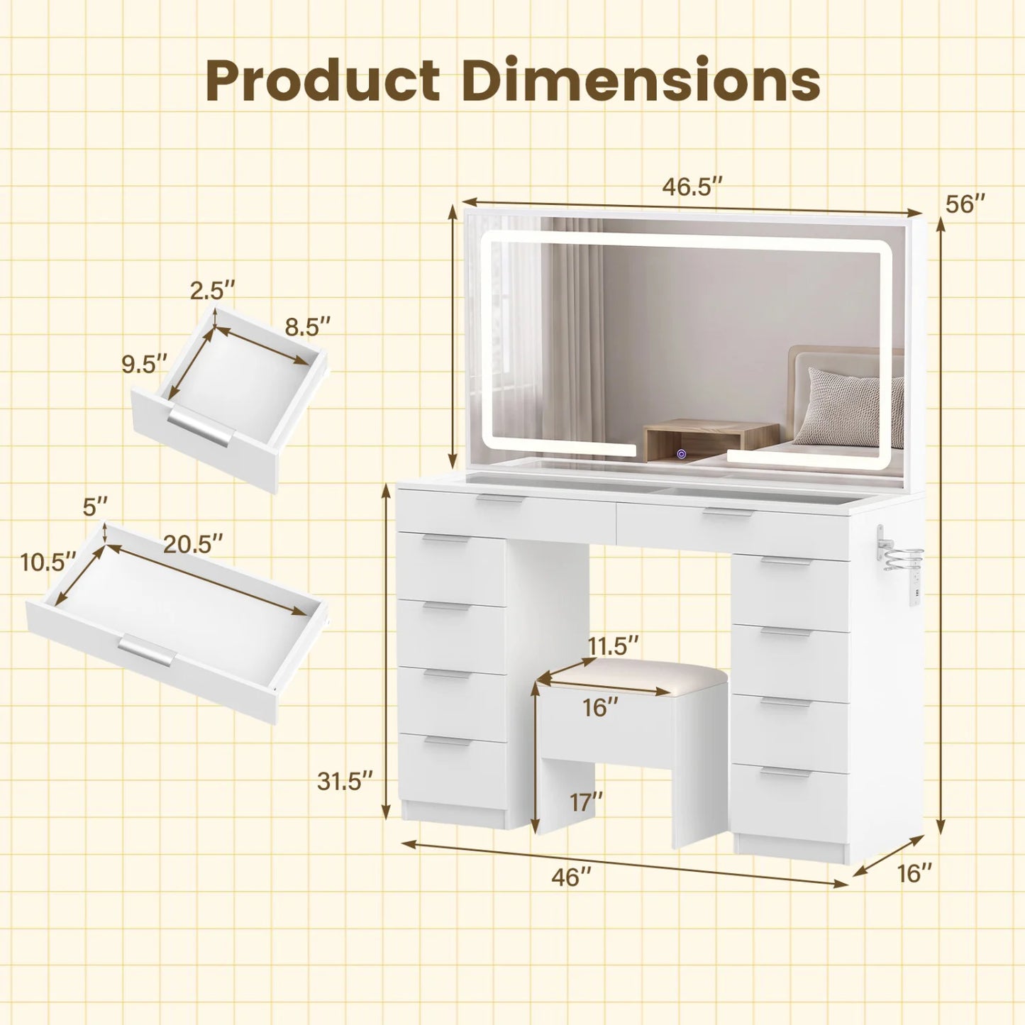 Vanity Desk with Mirror & Lights and Stool with Charging Station for Makeup-White
