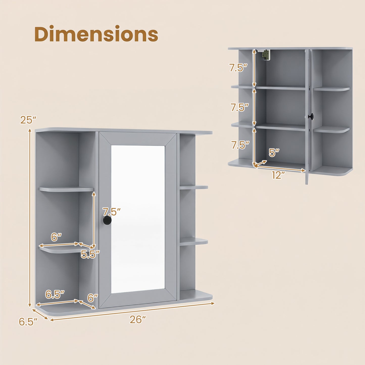 Wall Mounted Bathroom Medicine Cabinet with Mirror and Shelves-Gray