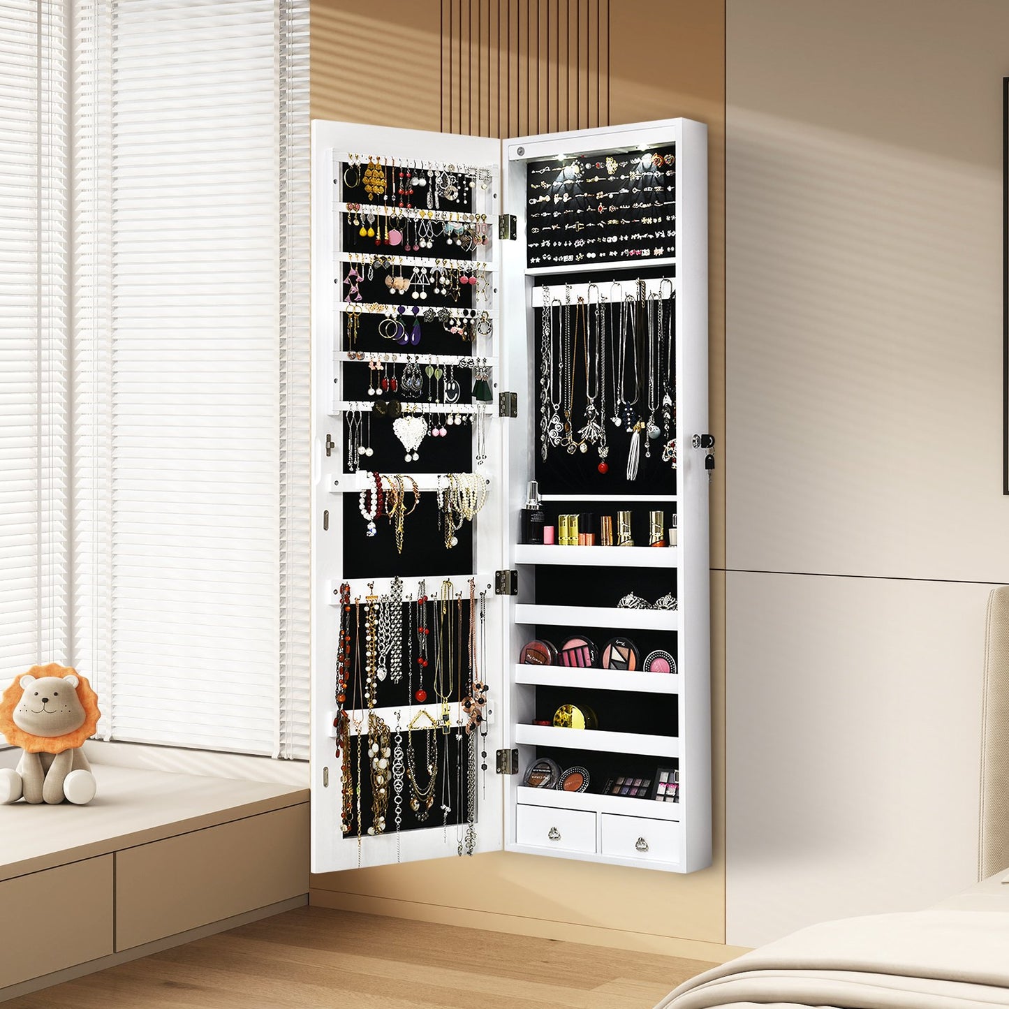 Wall And Door Mounted Mirrored Jewelry Cabinet With Lights-Black