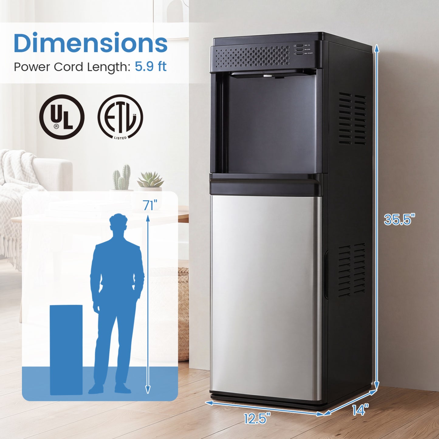 Black 3-in-1 water dispenser with ice maker and bottom loading design, suitable for 5-gallon bottles.