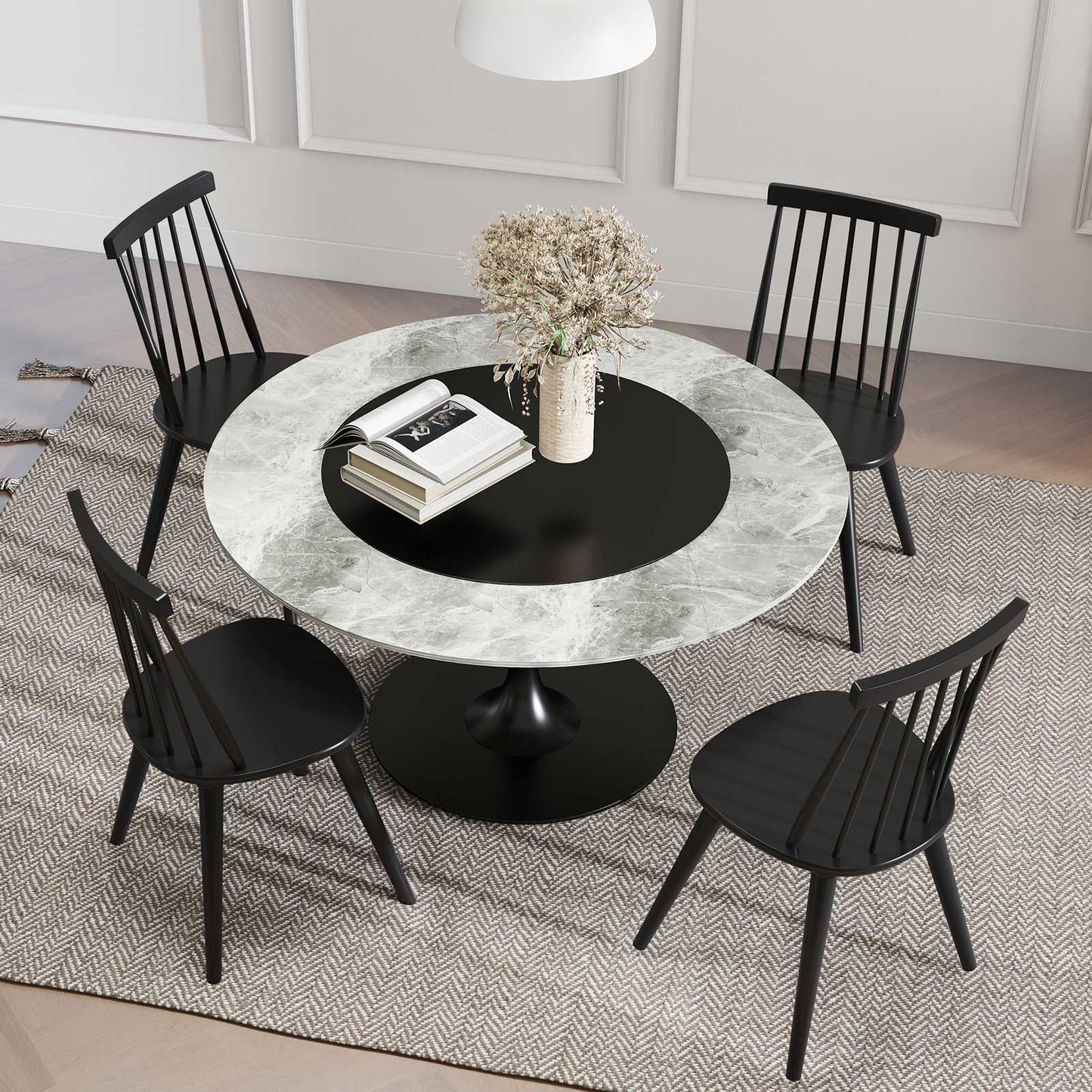 Windsor Dining Chair Set of 4 with Solid Rubber Wood Frame-Black