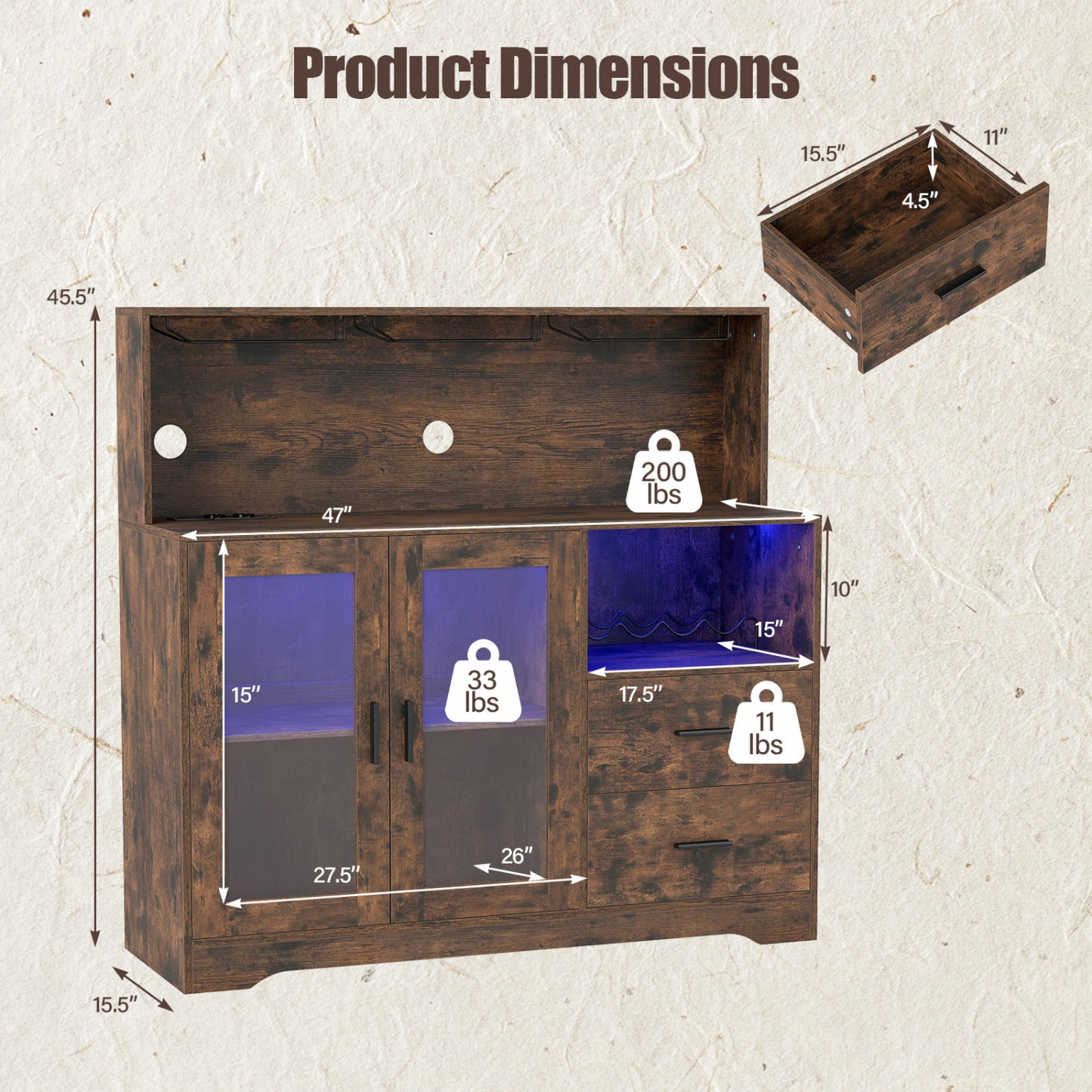 Wine Bar Cabinet with LED Lights and Charging Station-Rustic Brown