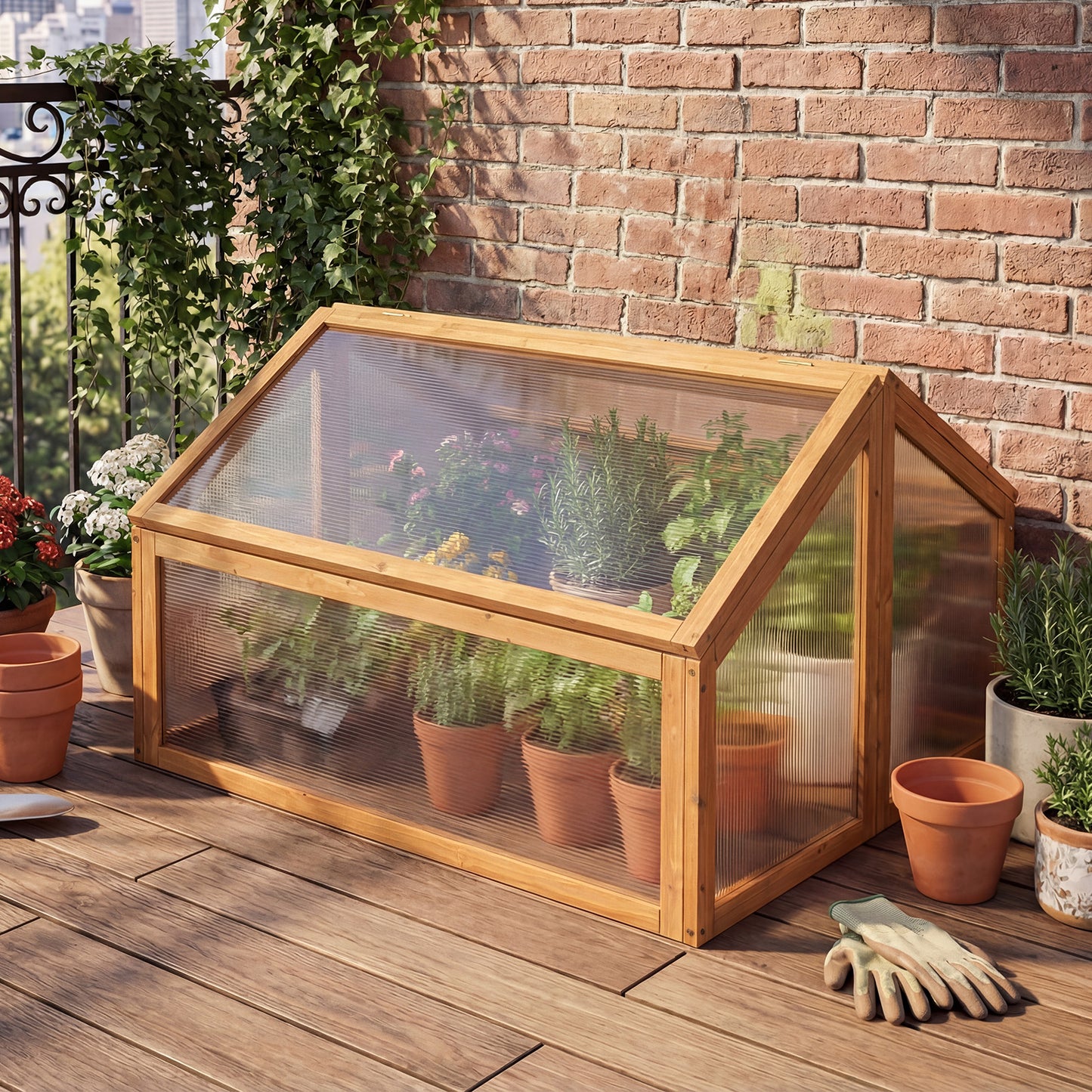 Wood Cold Frame Greenhouse Raised Flower Planter Protection with Transparent Openable Roof-Orange