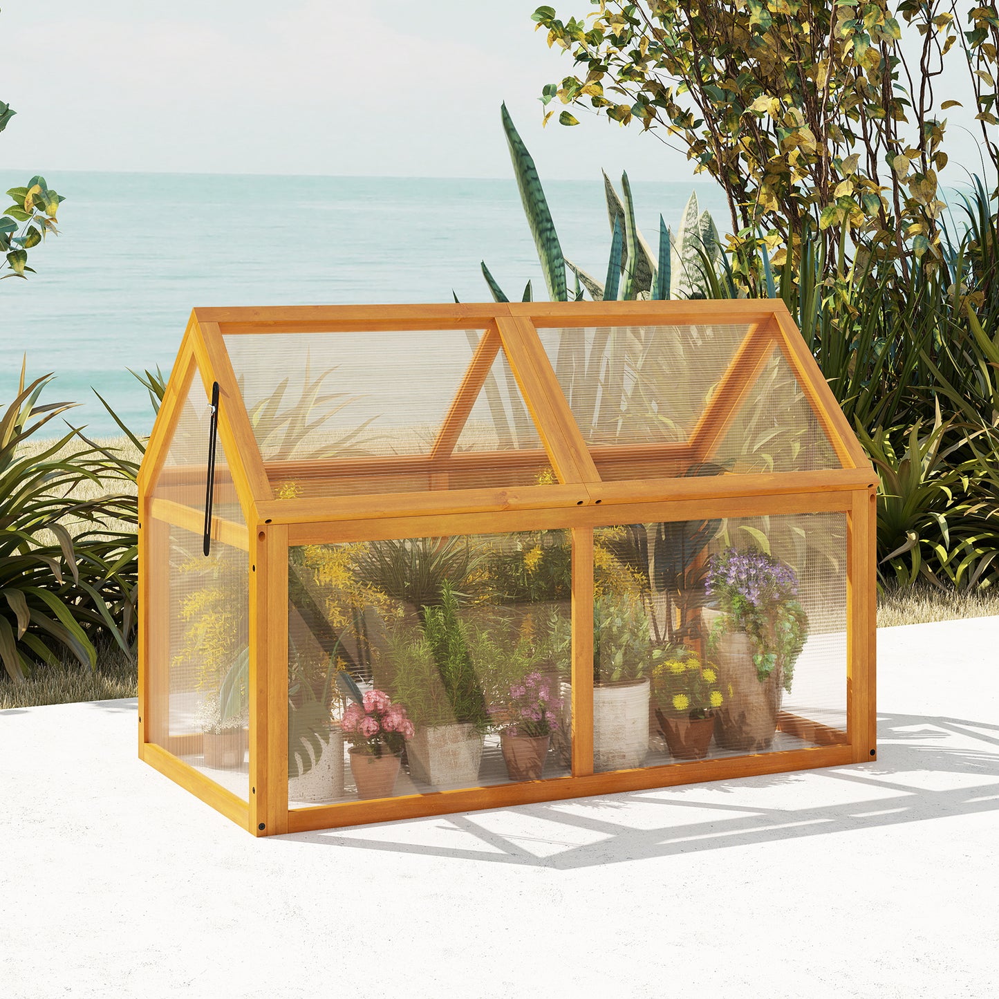 Wood Cold Frame Greenhouse Raised Flower Planter Protection with Adjustable Roof-Orange