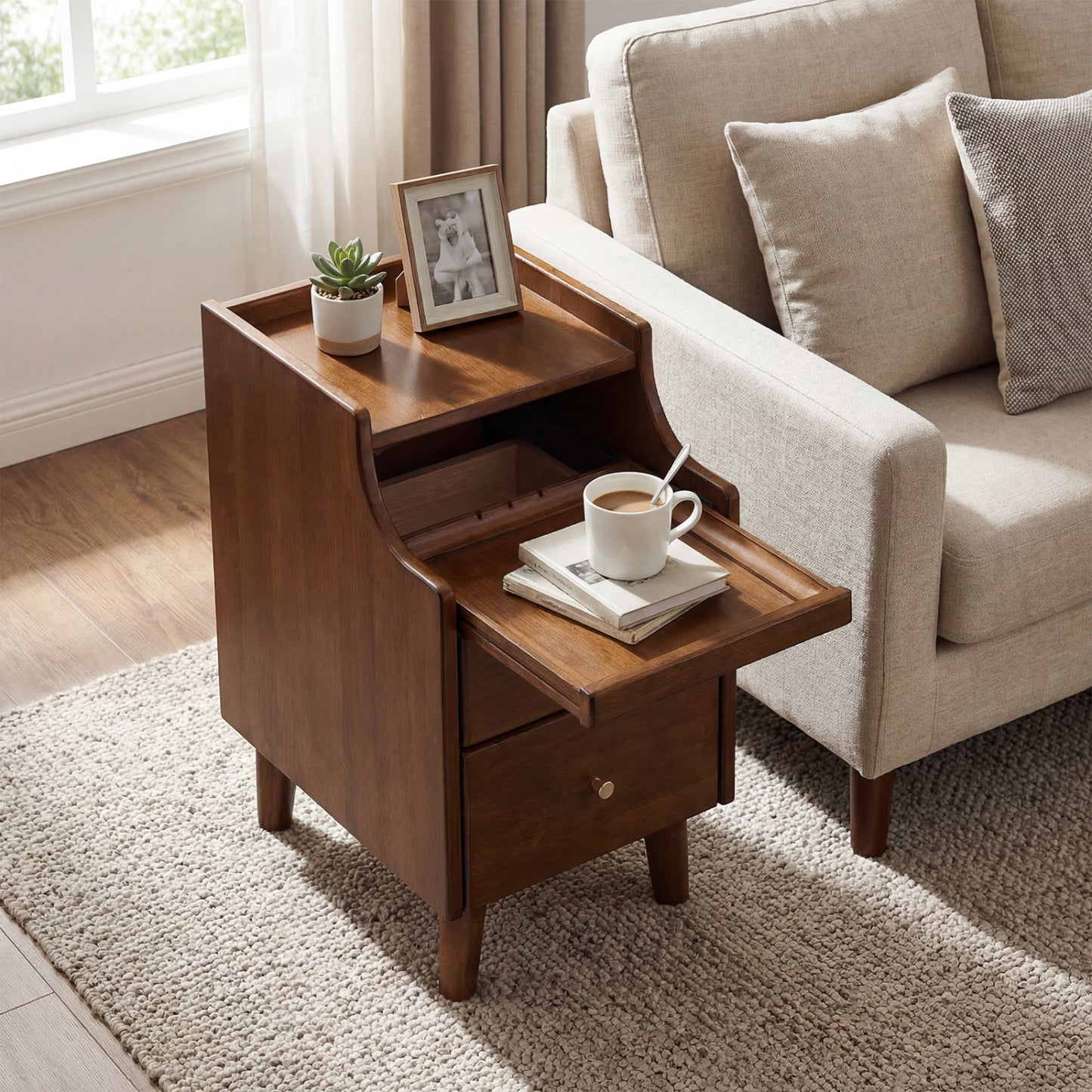 Wood Nightstand Set of 2 with Drawers and Solid Wood Legs-Brown