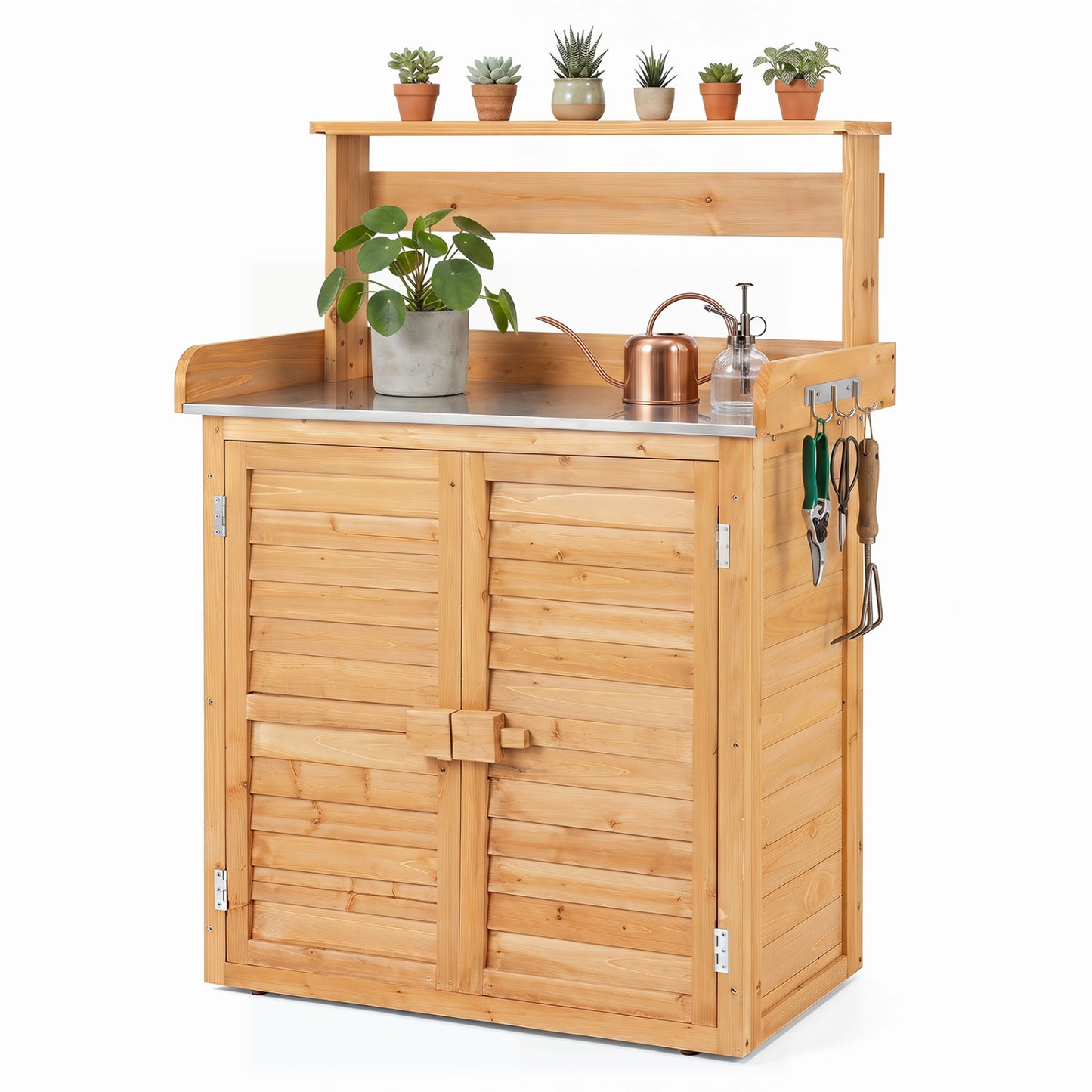 Wood Plant Workstation with Stainless Steel Tabletop and Removable Shelves-Gray