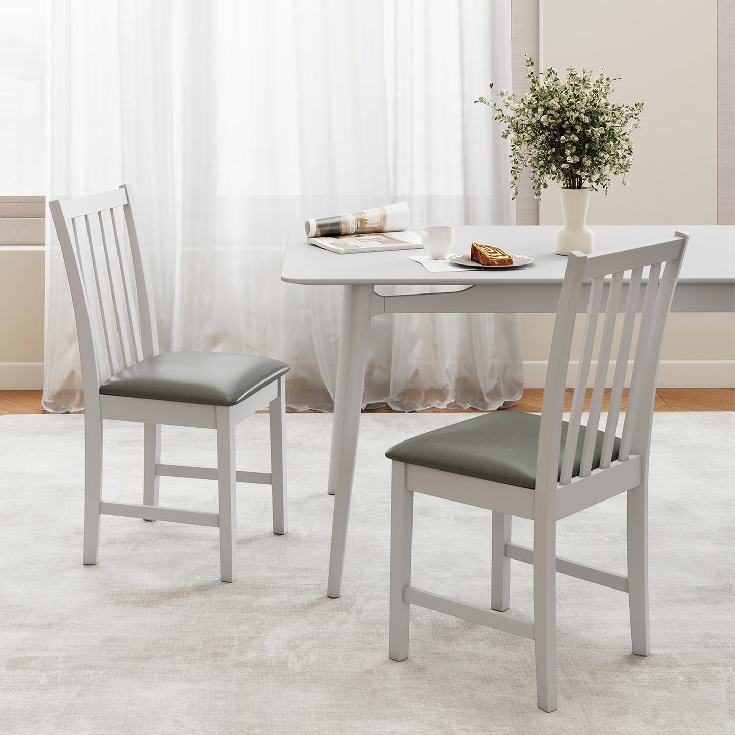Wooden Dining Chair Set of 2 with Rubber Wood Frame and Padded Seat-Brown