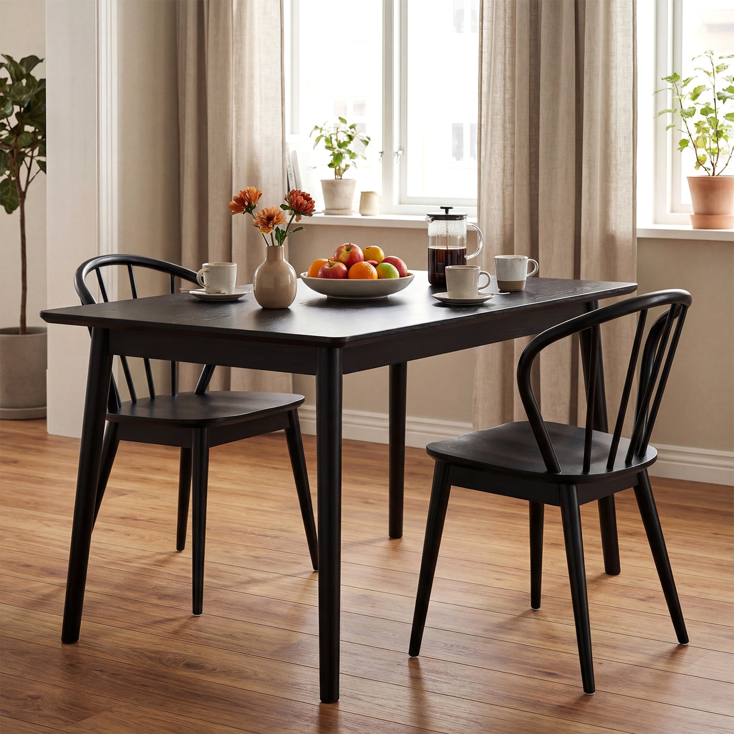 Wooden Dining Chair Set of 2 with High Spindle Back and Wide Seat-Black