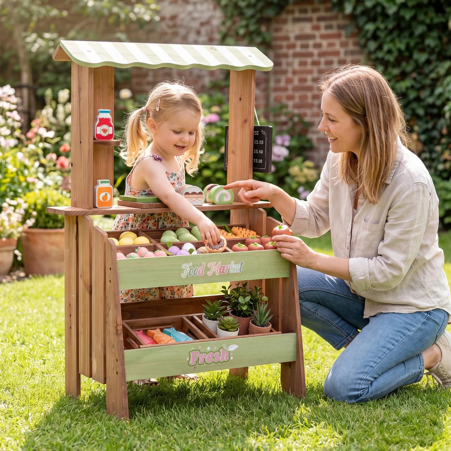 Wooden grocery store playset with chalkboard and accessories, Montessori toy for kids 3+ by Direct by Wilsons Home Store.