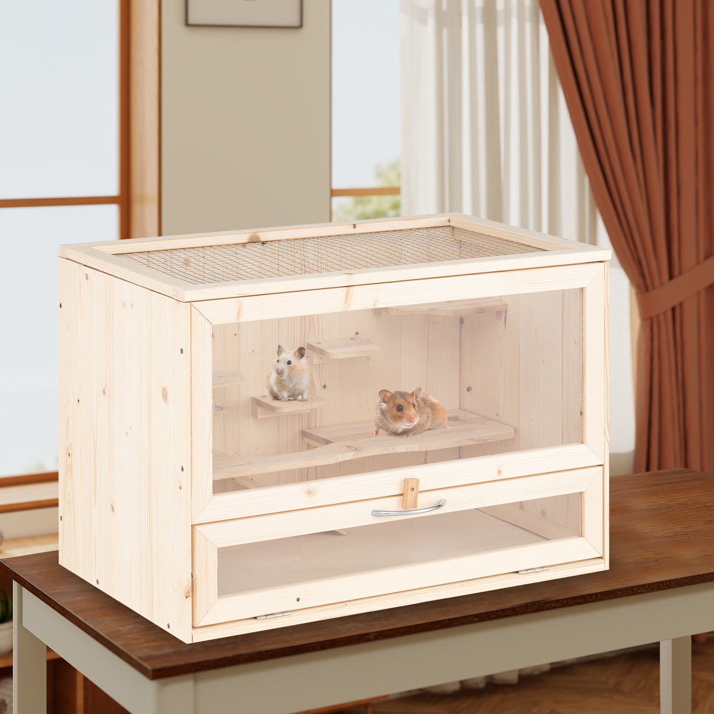 Wooden Hamster Cage with Mesh Flip Roof-Natural