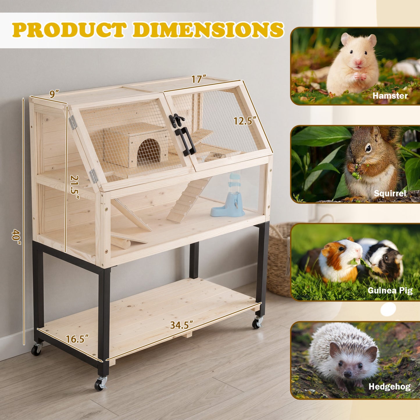 Wooden Hamster Cage 2-Tier Small Animal Habitat with Casters-Natural